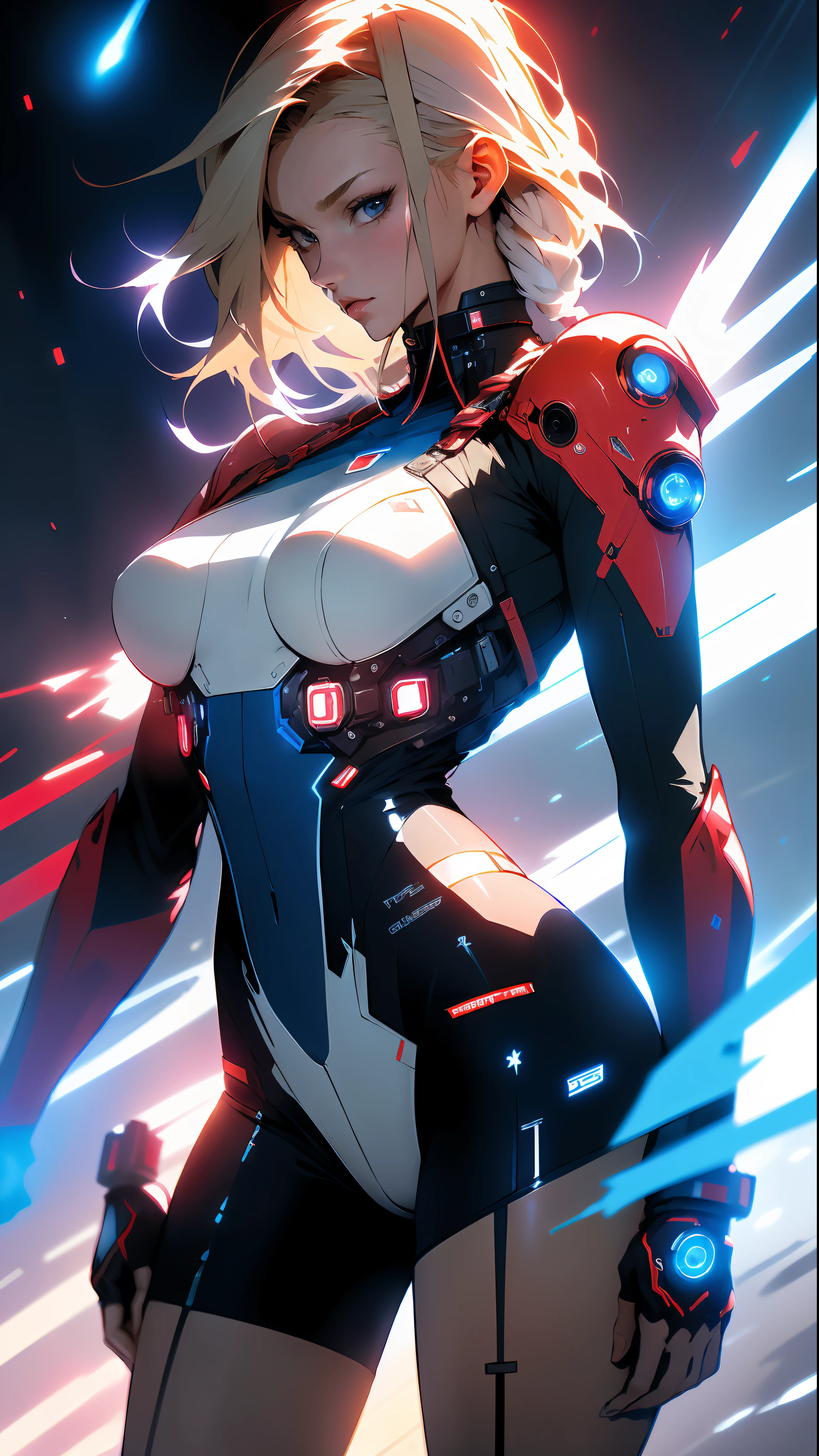 ((Best quality)), ((masterpiece)), (detailed: 1.4), (Absurd), Caucasian woman fighter pilot ready for war, front walking, Captain Brittany's outfit from Marvel comics, sculptural body defined, half-thick thighs bare, mouth closed, only in panties, muscular body covered by technological clothing, Neon Genesis Evangelion style, cyberpunk, generous neckline, ((perfect large breasts)), (blue eyes without pupils), ((very dark blue, red and white clothing)), ((((short blonde straight hair misaligned like Lucy from cyberpunk: mercenaries)))), (thin white stripes left blue covering the breasts), (red and white stripes on the arms), (((lightning bolt drawings on the arms)), long manga-style eyelashes, short underwear, garter belt, by mucha, niji --V5, close to real, psychopathic, crazy face, sexy pose, background with a giant Gundam style robot head, 2 piece clothing, shoulder pads, airplane wings on the back, pastel, centered, scale to fit dimensions, HDR (High Dynamic Range),Ray Tracing,NVIDIA RTX,Super-Resolution,Unreal 5,Subsurface dispersion, PBR texture, Post-processing, Anisotropic filtering, Depth of field, Maximum clarity and sharpness, Multilayer textures, Albedo and specular maps, Surface Shading, Accurate Simulation of Light-Material Interaction, Perfect Proportions, Octane Render, Two-Tone Lighting, Wide Aperture, Low ISO, White Balance, Rule of Thirds, 8K RAW, Crysisnanosuit