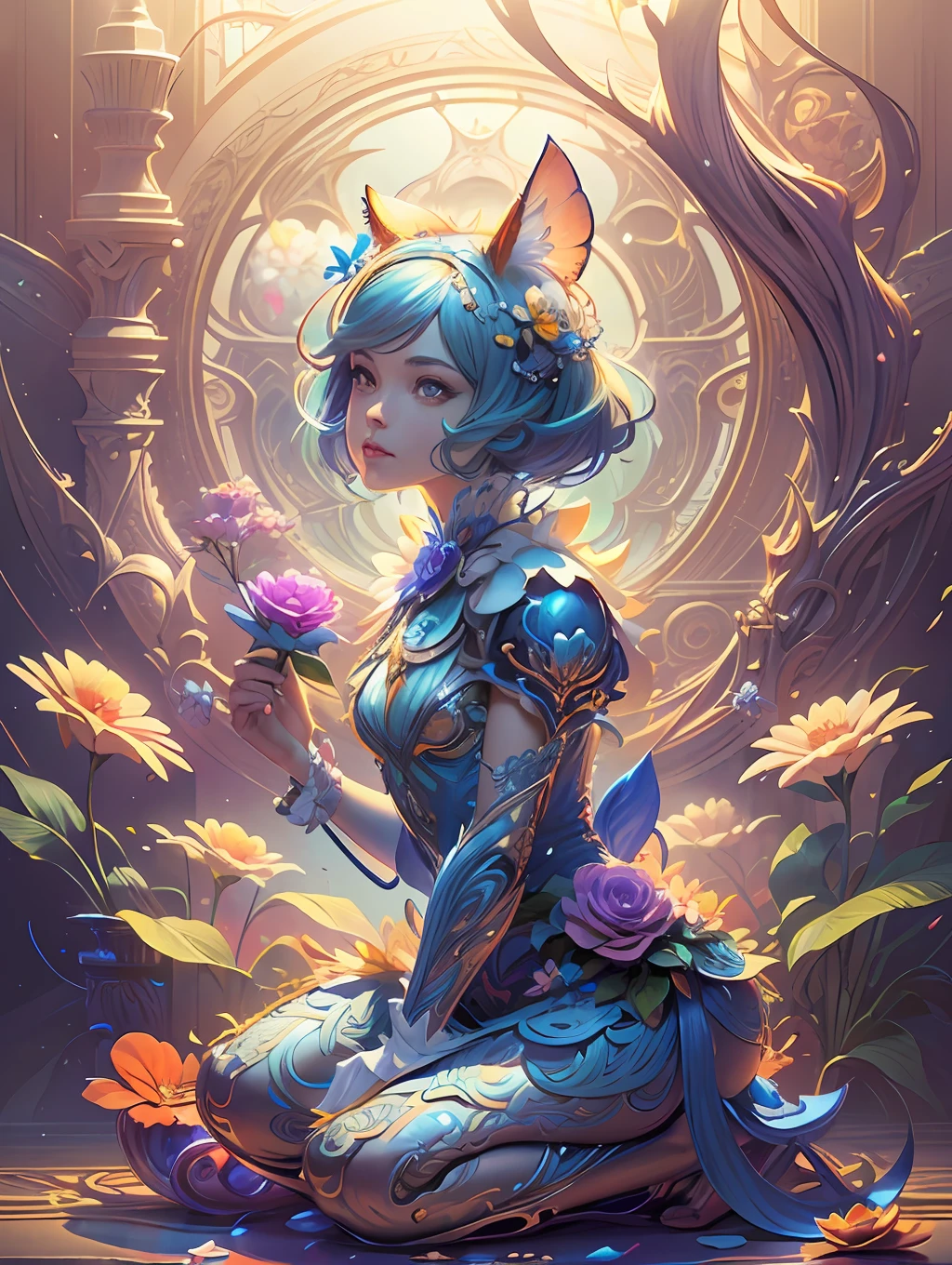 Extremely Ultrarealistic Photorealistic cute creature holding a flower, by James Jean and Android Jones: Jeff Koons: Erin Hanson: Joe Fenton: Dan Mumford: professional photography, natural lighting, volumetric lighting maximalist photoillustration 8k resolution concept art intricately detailed, complex, elegant, expansive, fantastical: