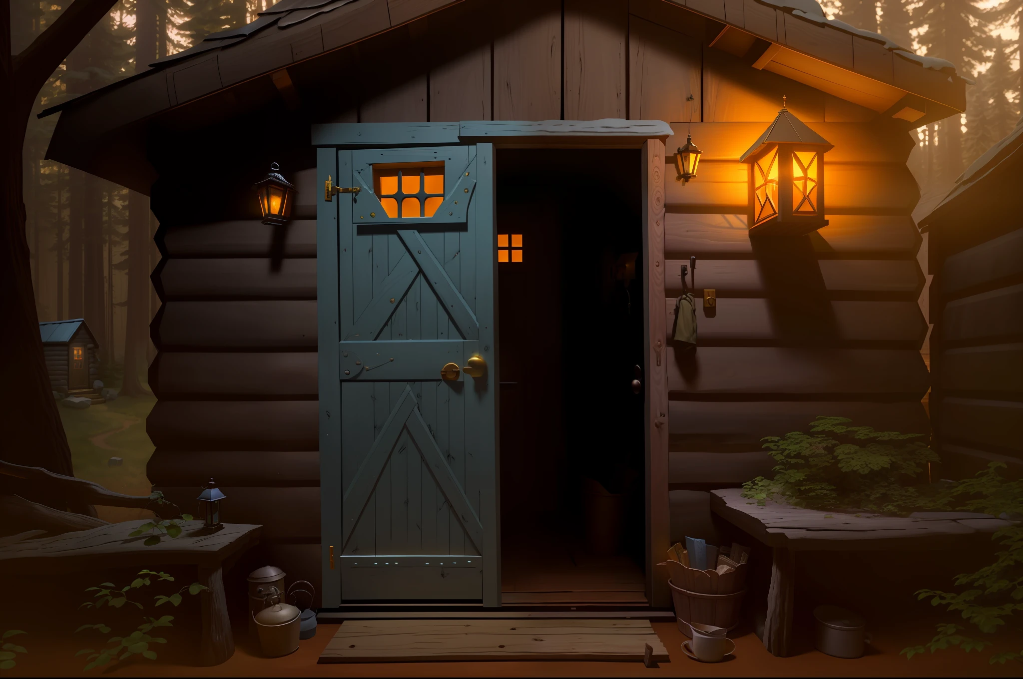 doorway to a small cabin with a light on and a door open, cabin lights, magic doorway, by Jason Benjamin, doorway, cabin, with photorealistic lighting, by Dan Christensen, by Randall Schmit, by Aleksander Gierymski, by Alexander Mann, lit in a dawn light, by Jason Felix, by Alexander Brook, paul barson