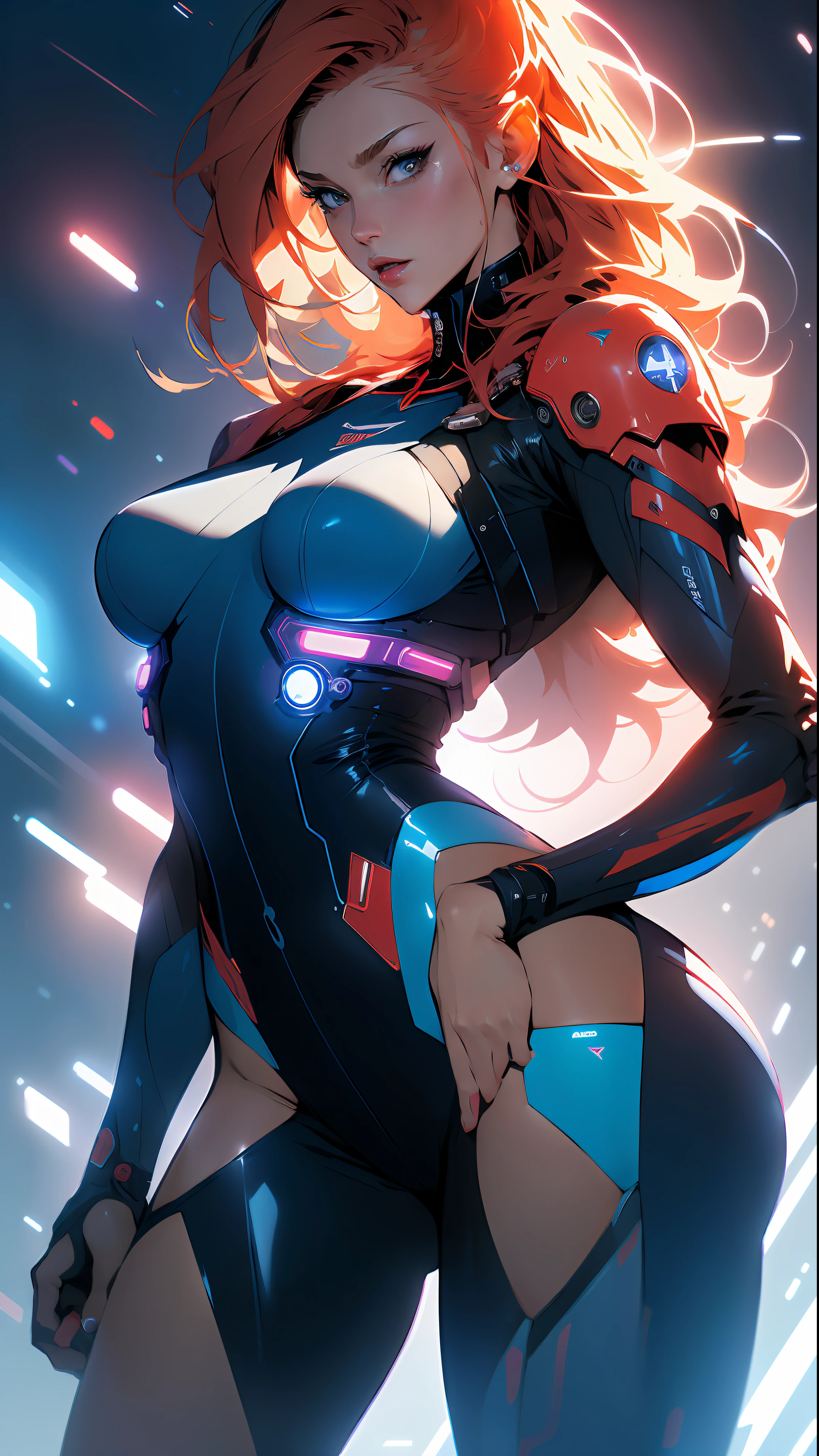 ((Best quality)), ((masterpiece)), (detailed: 1.4), (Absurd), Caucasian woman fighter pilot ready for war, back, perfect ass, defined muscular sculptural body, half-thick bare thighs, closed mouth, only in panties, muscular body covered in technological clothing, Neon Genesis Evangelion style, cyberpunk, generous neckline, ((perfect large breasts)), (blue eyes without pupils), ((very dark blue clothing, red and white)), (((short blonde straight hair misaligned like Lucy from cyberpunk: mercenaries)))), (thin white stripes left blue covering her breasts), (red and white stripes on her arms), (((lightning bolt drawings on her arms)), long manga-style eyelashes, short underwear, garter belt, by mucha, niji --V5, close to real, psychopathic, crazy face, sexy pose, background with a giant Gundam-style Robot head, 2 piece clothing, shoulder pads, airplane wings on the back, pastel, centered, scale to fit dimensions, HDR (High Dynamic Range),Ray Tracing,NVIDIA RTX,Super-Resolution,Unreal 5,Subsurface dispersion, PBR texture, Post-processing, Anisotropic filtering, Depth of field, Maximum clarity and sharpness, Multilayer textures, Albedo and specular maps, Surface shading, Accurate simulation of light-material interaction, Perfect proportions, Octane Render, Two-tone lighting, Wide aperture, Low ISO, White balance, Rule of thirds, 8K RAW, crysisnanosuit