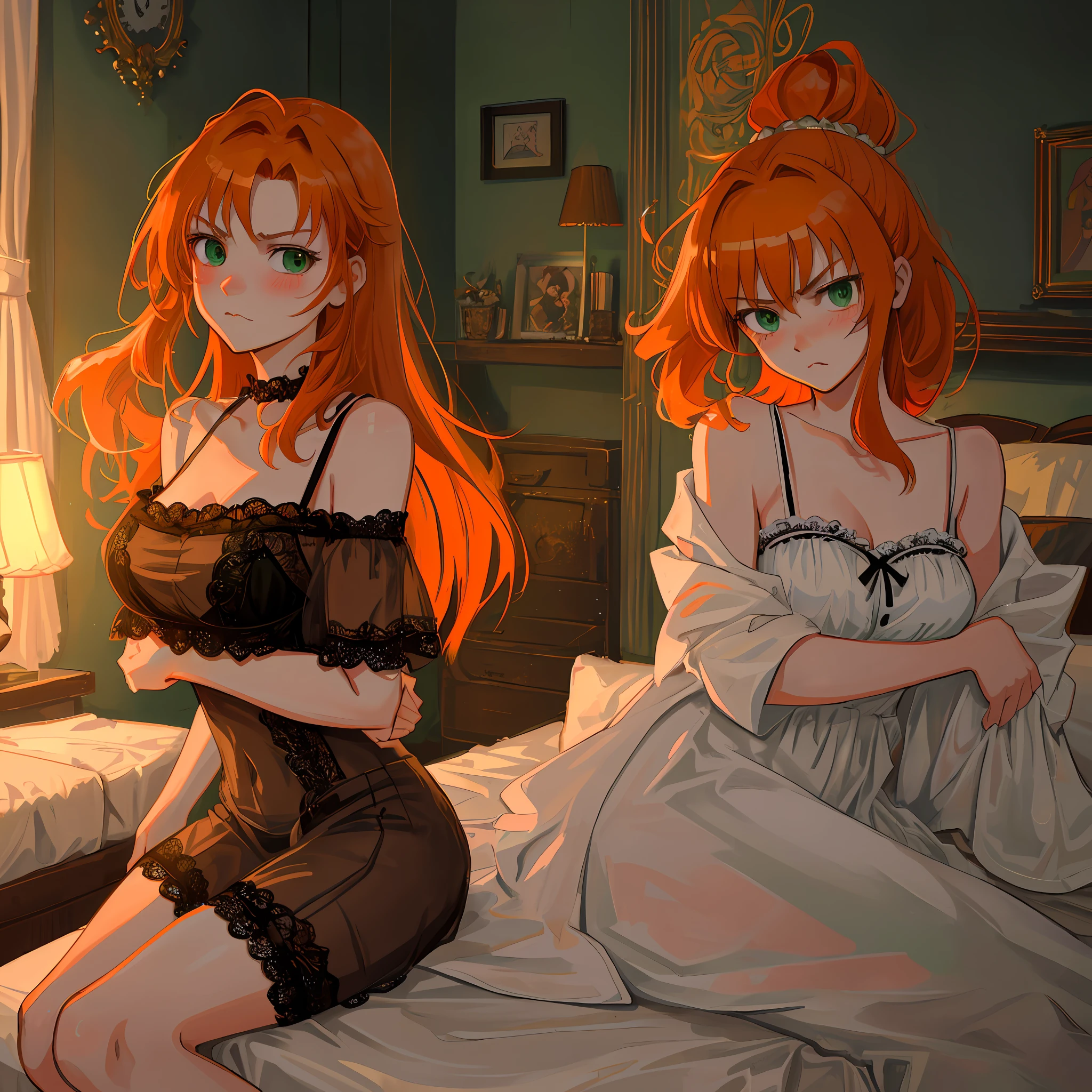 masterpiece, 4k, highres, orange hair, soft and warm lighting, green eyes, pouting, blushing, angry expression, apartment bedroom, arms crossed, hot, sexy, anime, anime girl, 1girl, solo, detailed, one girl, sitting on bed, lingerie, black lace lingrie