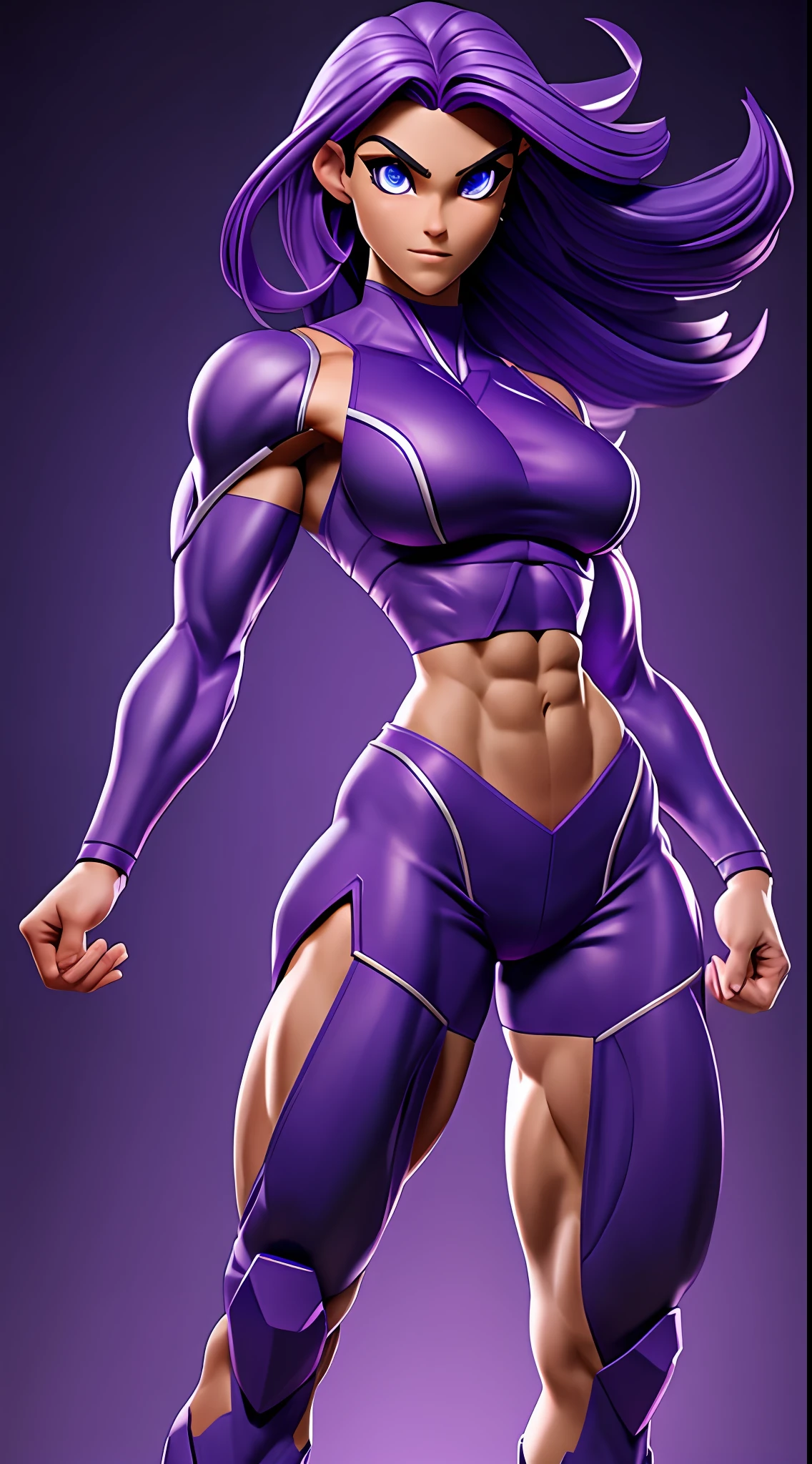 bodybuilder, pretty face, serious face, blue eyes, purple hair, purple eyes, perfect body, sexy body, skimpy outfit, fit body, abdomen, big breasts, muscular, pointy ears, UHD, bokeh, colorful background, side lighting,
