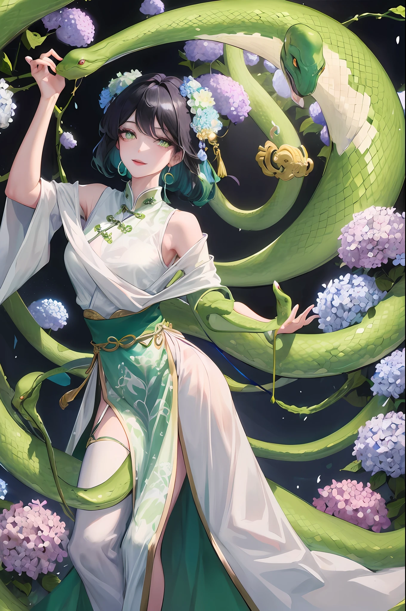 Masterpiece, Superb Eye, Full Moon at Night, 1 Woman, 1 People, Chinese Style, Ancient, Cyan Clothes, Smile, Double Pill Head, Light Pink Lips, Calm, Intellectual, Medium Black Hair, Green Pupils, Hairpins, Hydrangeas, A Green Snake Coiled on His Arm, Green Snake, Snake