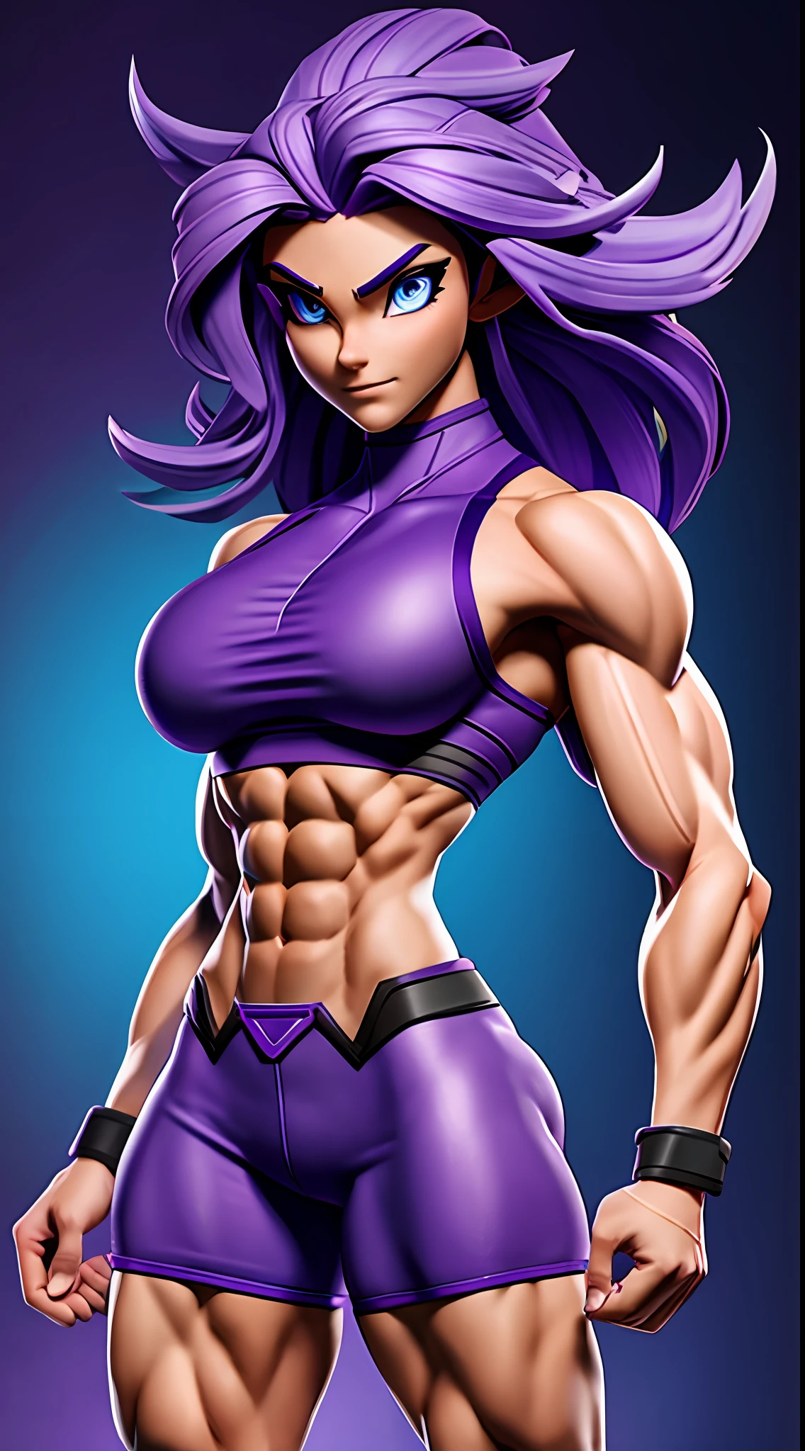 bodybuilder, pretty face, serious face, blue eyes, purple hair, purple eyes, perfect body, sexy body, skimpy outfit, fit body, abdomen, big breasts, muscular, pointy ears, UHD, bokeh, colorful background, side lighting,