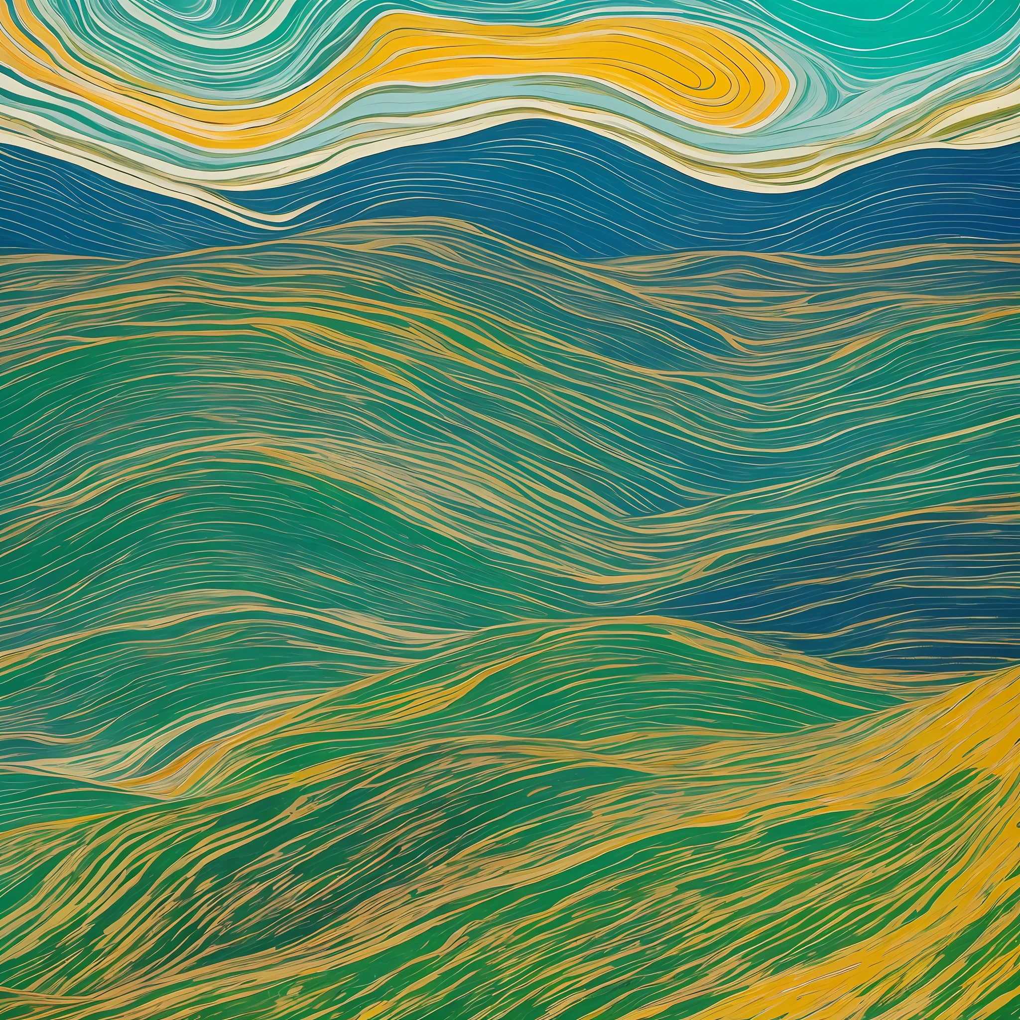 Imagine a vibrant canvas, packed in a frenzy of colors and shapes, inspired by the Serra da Mantiqueira and bathed in the style of Expressionist Abstractionism. Echoes of Jackson Pollock and Helen Frankenthaler reverberate through the work, with their characteristic spillage and inkblots. The background is a calm sky blue, interrupted only by remnants of white, like soft clouds. On top of this, a dance of varied greens moves, flows and intertwines, forming a tapestry of lush vegetation. In the midst of this green tide, trails and paths emerge in earthy tones, crossing and overlapping like a complex network of soil and rock. Finally, undulating lines of deep blue meander between green and brown, evoking the serene presence of streams and waterfalls. This work, though abstract, captures the organic and emotionally resonant essence of the Serra da Mantiqueira, a manifestation of its raw energy and indomitable beauty. --auto --s2