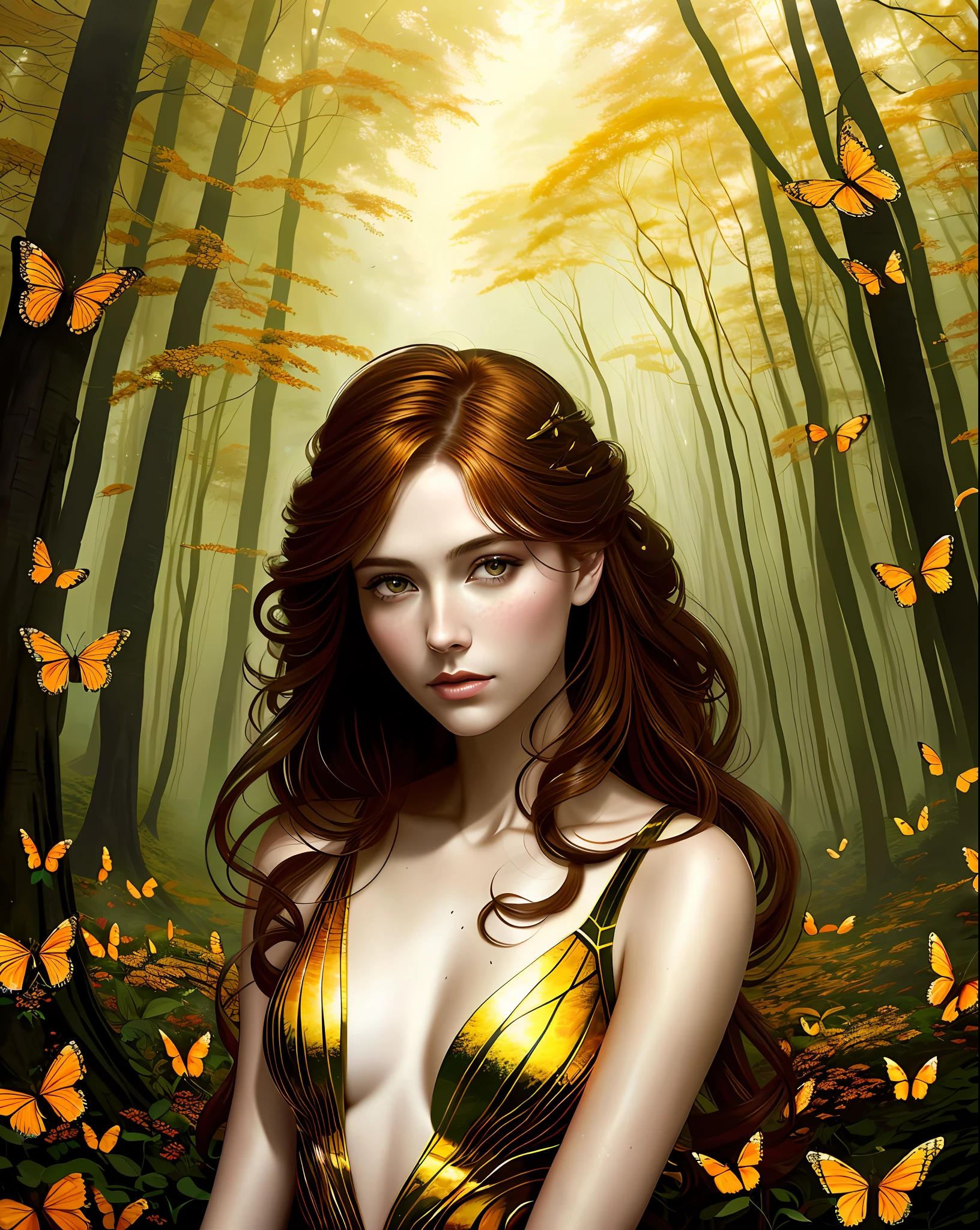 The artwork, a Style-Empire Style digital photography piece, shows a stunning, slender young woman with reddish brown hair curled up against a backdrop of golden butterflies and a forest. Every detail in the photo is very precise, creating an elegant and majestic atmosphere. This photo is a surreal wet oil painting by artgerm ruan jia and greg rutkowski, with highly detailed and gorgeous artistic effects. The composition of the work is very beautiful, showing a mixture of realistic and surreal mystery.