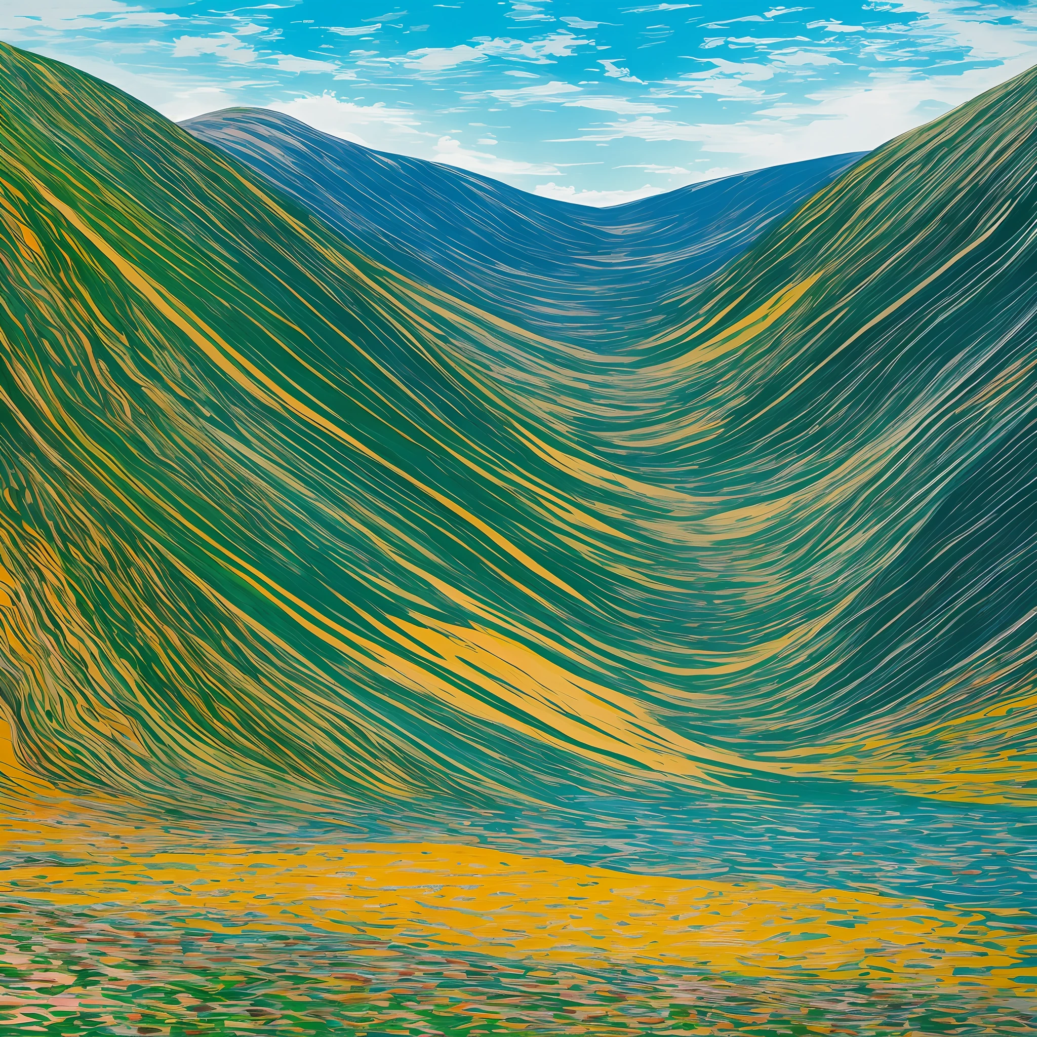 Imagine a vibrant canvas, packed in a frenzy of colors and shapes, inspired by the Serra da Mantiqueira and bathed in the style of Expressionist Abstractionism. Echoes of Jackson Pollock and Helen Frankenthaler reverberate through the work, with their characteristic spillage and inkblots. The background is a calm sky blue, interrupted only by remnants of white, like soft clouds. On top of this, a dance of varied greens moves, flows and intertwines, forming a tapestry of lush vegetation. In the midst of this green tide, trails and paths emerge in earthy tones, crossing and overlapping like a complex network of soil and rock. Finally, undulating lines of deep blue meander between green and brown, evoking the serene presence of streams and waterfalls. This work, though abstract, captures the organic and emotionally resonant essence of the Serra da Mantiqueira, a manifestation of its raw energy and indomitable beauty. --auto --s2