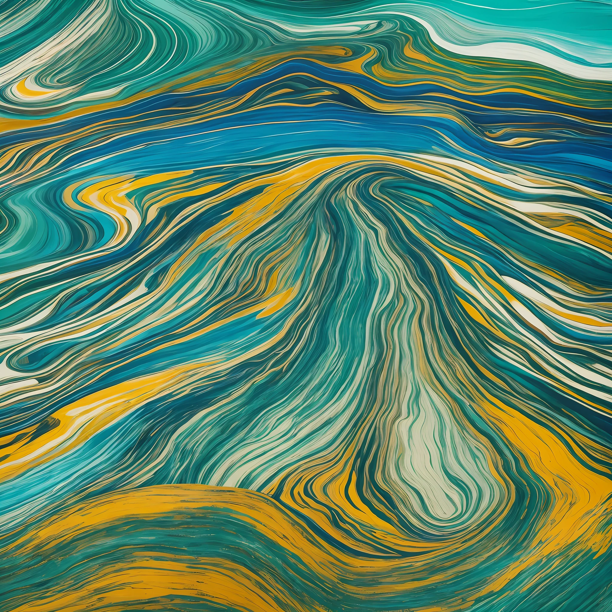 Imagine a vibrant canvas, packed in a frenzy of colors and shapes, inspired by the Serra da Mantiqueira and bathed in the style of Expressionist Abstractionism. Echoes of Jackson Pollock and Helen Frankenthaler reverberate through the work, with their characteristic spillage and inkblots. The background is a calm sky blue, interrupted only by remnants of white, like soft clouds. On top of this, a dance of varied greens moves, flows and intertwines, forming a tapestry of lush vegetation. In the midst of this green tide, trails and paths emerge in earthy tones, crossing and overlapping like a complex network of soil and rock. Finally, undulating lines of deep blue meander between green and brown, evoking the serene presence of streams and waterfalls. This work, though abstract, captures the organic and emotionally resonant essence of the Serra da Mantiqueira, a manifestation of its raw energy and indomitable beauty. --auto --s2