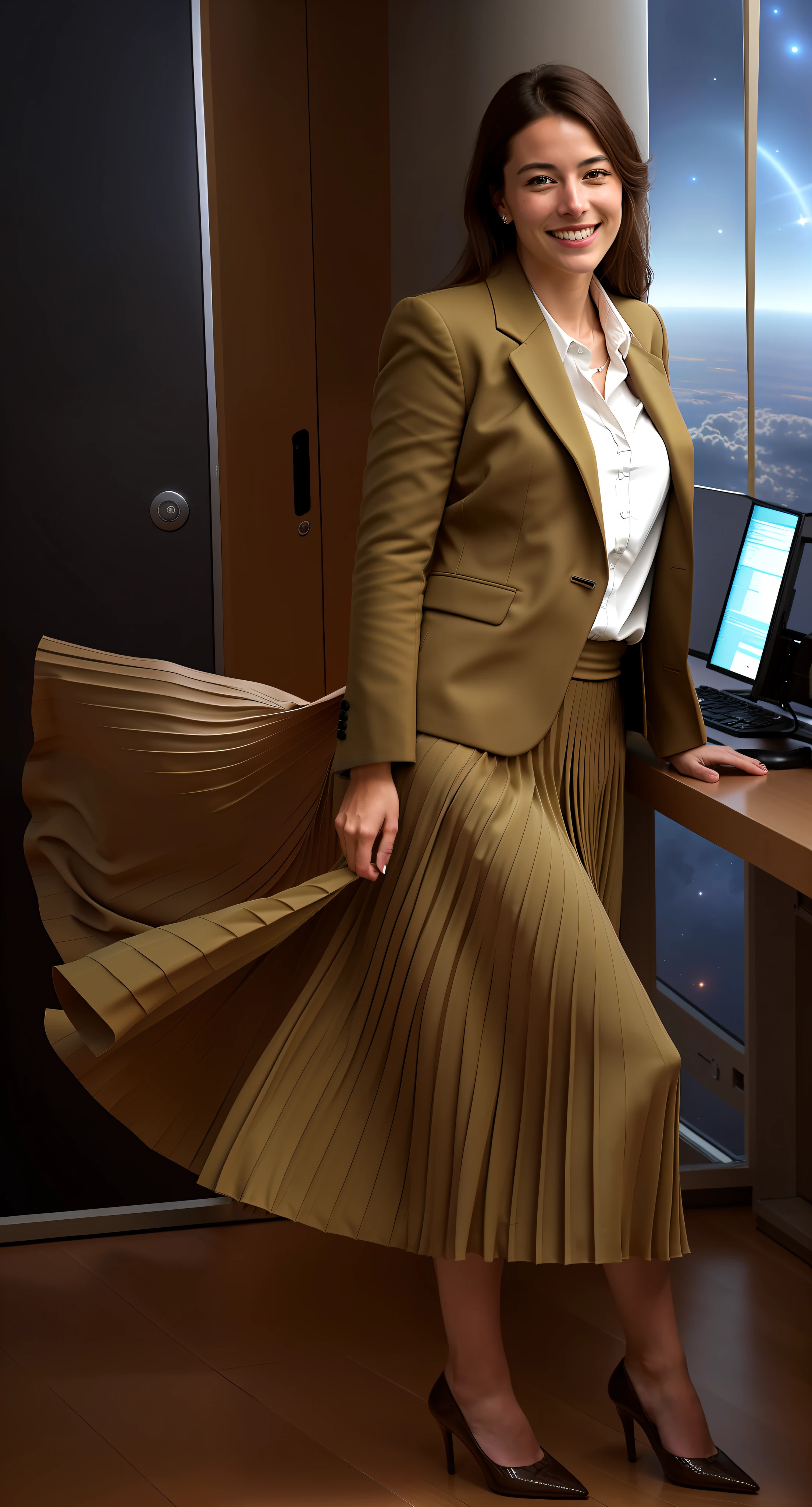35mm f1.4 Kodak portra 400 photograph, extremely high quality RAW photograph, a therapist is playing with her skirt (in a flirting manner:1.3) on a space station, (shy) authentic (kind and tender) lesbian woman wearing a short blazer with a very very detailed (long (fully pleated) full circle skirt) and (simple) low heeled office shoes, very very intricate hyper-detailed symmetric (attractive graceful young feminine face) with (sad, tired) eyes and a (flirty smile:1.3), full of empathy and compassion and love, (pronounced feminine features:1,3), big boobs, large breasts, shirtless, topless, (highly detailed ultra accurate realistic) hands and fingers, ((windy conditions and wind blowing)), epic composition, highly detailed attributes, highly detailed atmosphere, detailed background, intricate, Exquisite details and textures, highly detailed, deep space station secret operations active background