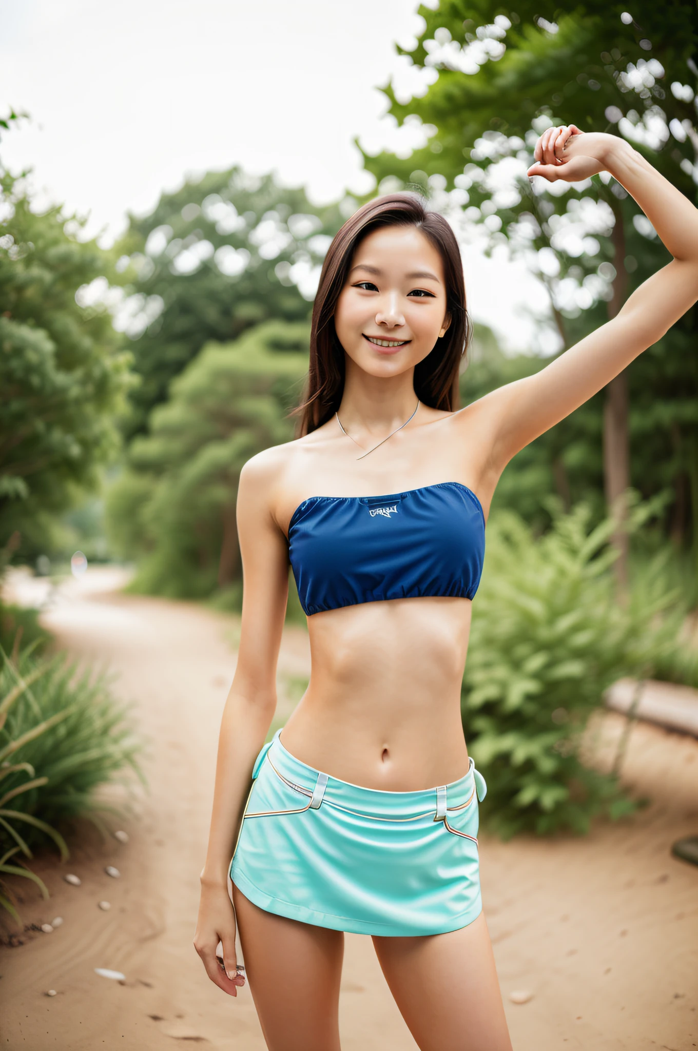 ((Full body photo)), (full body portrait), 8k photo, real photo, full color, 20 year old girl posing in a shoot, ((standing: 0.8)), 1 Japan person, delicate: 2.1, beautiful girl, cute, smile, neat, (slender), (slender abs: 1.2), small breasts, thin waist, thin waist, angel, cleavage, ((tube top bikini: 0.6)), hands above the head, Full body portrait, standing downtown, (shot from bottom to top: 0.8), (medium telephoto lens: 1.2),