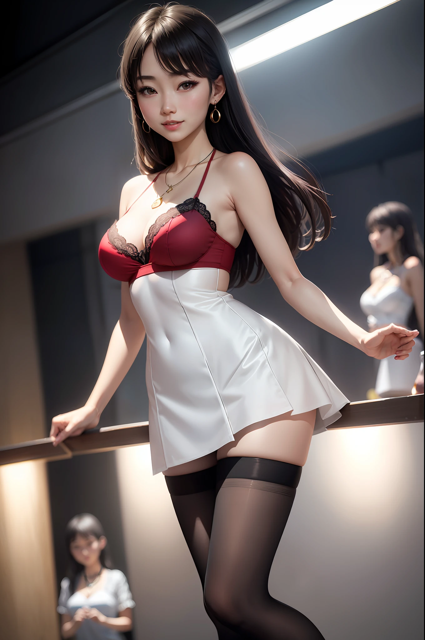 Smiling minchen, pantyhose, absurdity, closed mouth, balanced eyes, (Best Quality Detail: 1.2), Realistic, 8K HD, Ultra Detailed, High Quality Texture, Complex Detail, Detailed Texture, Fine Detail, High Detail, Very Detailed CG, High Quality Shadows, Delicate Beautiful Delicate Face, (Delicate Beautiful Delicate Eyes: 1.32), Depth of Field, Ray Tracing, (A Beautiful 25 Year Old Cute Japanese Lady: 1), Big Breasts, Tall Feminine, Beautiful Legs, Glow Eyes, Blush, Perfect Body Petite, Scrawny, Blurred Background, Ballet Pantyhose, Extra Long Hair, Sunlight, Earrings, Necklace, Model, Looking at the Audience, Dynamic Pose, Necklace, Full Body, Standing, Show Beautiful Legs, Cleavage , smooth stockings, red openwork bra, 2 girls, dark room, unexpected dew point