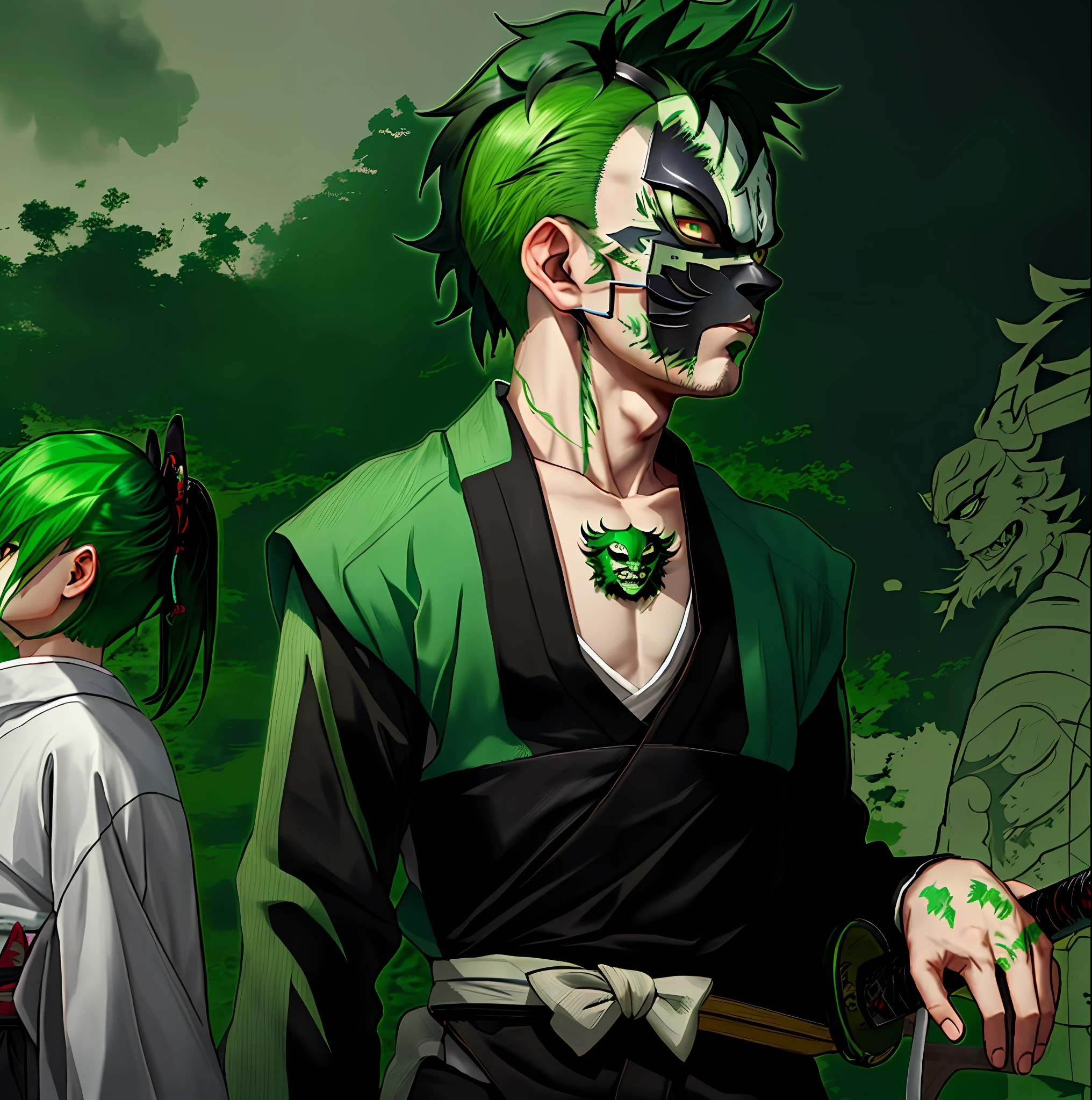 1boy,green hair,green eyes,japanese demon mask on face,katana on back,black kimono