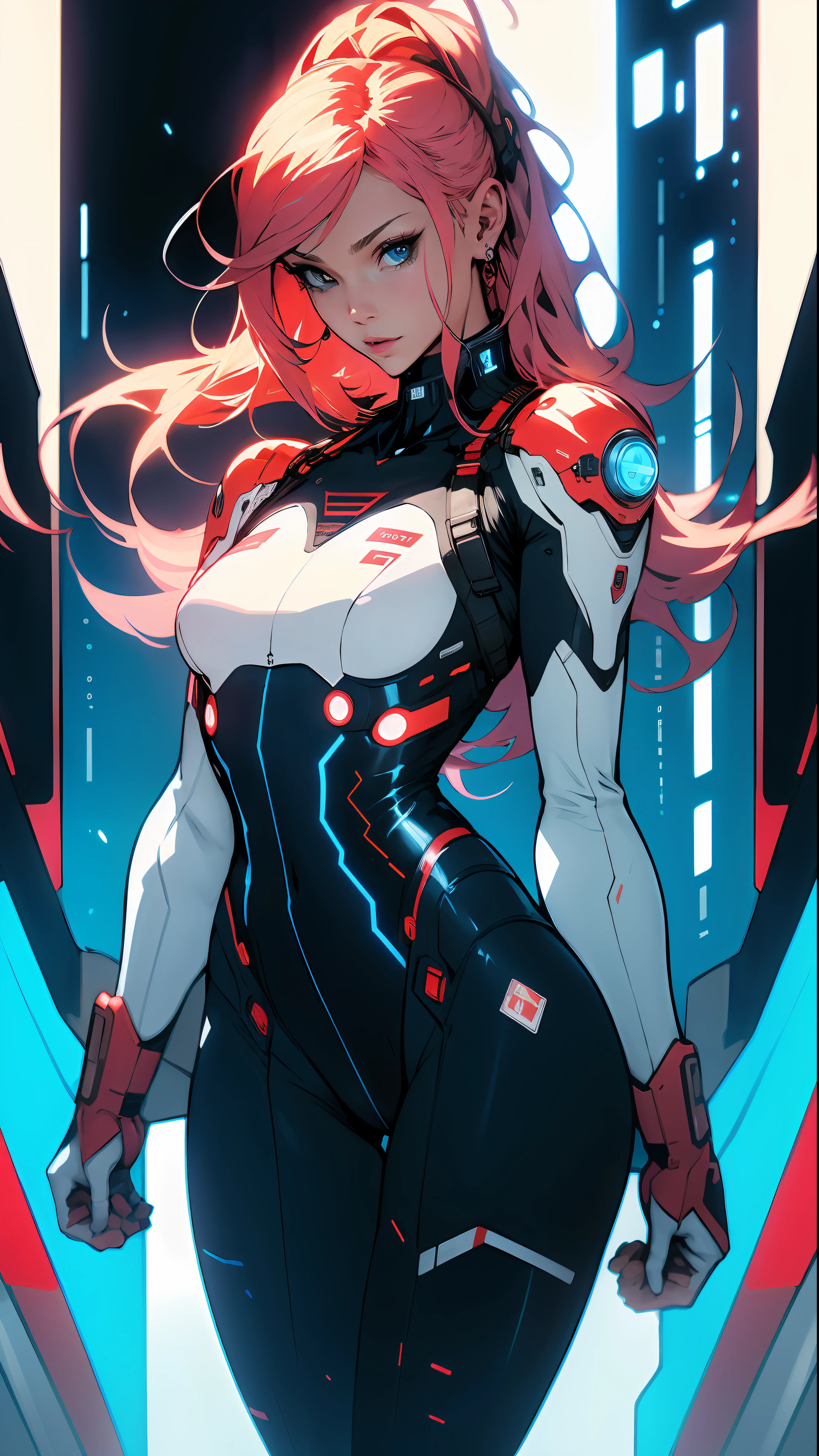 ((Best quality)), ((masterpiece)), (detailed: 1.4), (Absurd), Caucasian female fighter pilot ready for war, front walking, Captain Briton's costume from Marvel comics, serrilhara armor with opening in the front, muscular sculptural body defined, half thick naked thighs, closed mouth, only in panties, muscular body covered by technological clothing, Neon Genesis Evangelion style, cyberpunk, generous neckline, ((perfect large breasts)), (blue eyes without pupils), ((very dark white and blue clothing, red and white)), (((misaligned cyberpunk hair equal to cyberpunk's Lucy: mercenaries)))), (thin white stripes left blue covering the breasts), (red and white stripes on the arms), ((lightning ray drawings on the arms)), long manga-style eyelashes, short underwear, garter belt, by mucha, niji --V5, close to real, psychopathic, crazy face, sexy pose, background with a giant Gundam style robot head, 2 piece clothing, shoulder pads with airplane wings on the back, pastel, centered, scale to fit dimensions, HDR (High Dynamic Range),Ray Tracing,NVIDIA RTX,Super-Resolution,Unreal 5,Subsurface dispersion, PBR texture, Post-processing, Anisotropic filtering, Depth of field, Maximum clarity and sharpness, Multilayer textures, Albedo and specular maps, Surface shading, Accurate simulation of light-material interaction, Perfect proportions, Octane Render, Two-tone lighting, Wide aperture, Low ISO, White balance, Rule of thirds, 8K RAW, crysisnanosuit