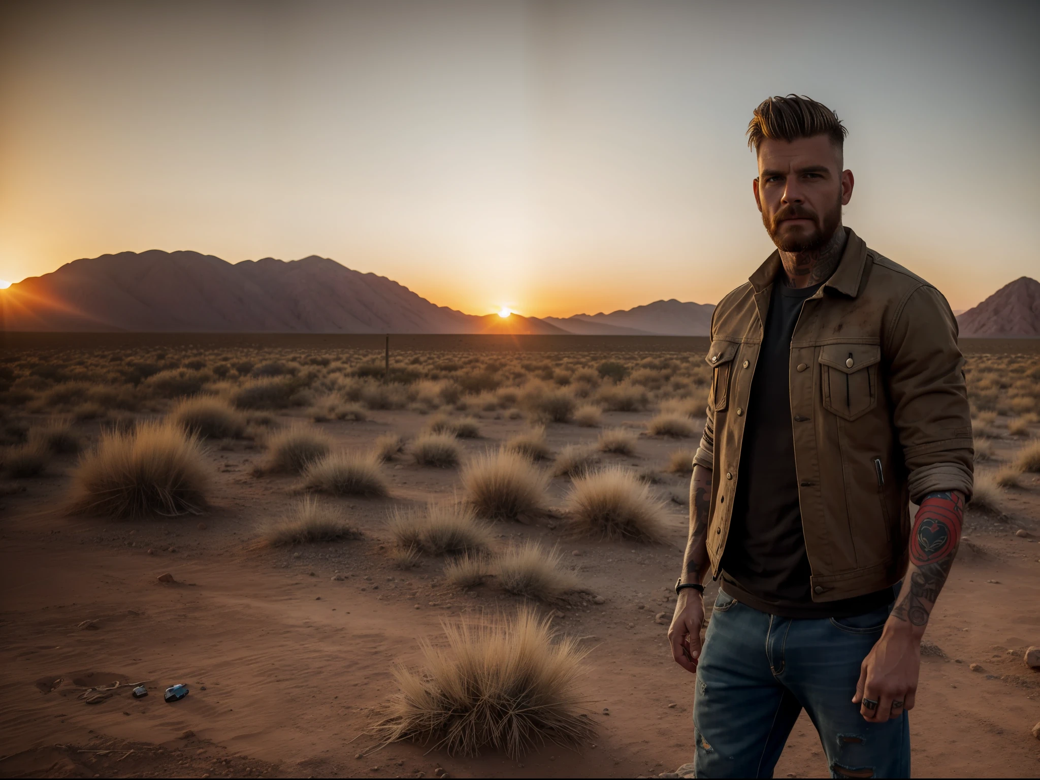Rustic man, tall, short hair, red, strong, rough face, severe, scar on eye, tattooed, dirty and battered canvas jacket, battered jeans, Glock 9mm pistol, sunset, desert in the background, high detail, cinematic lighting, UHD, masterpiece, textured skin, super detail, high quality, 16k