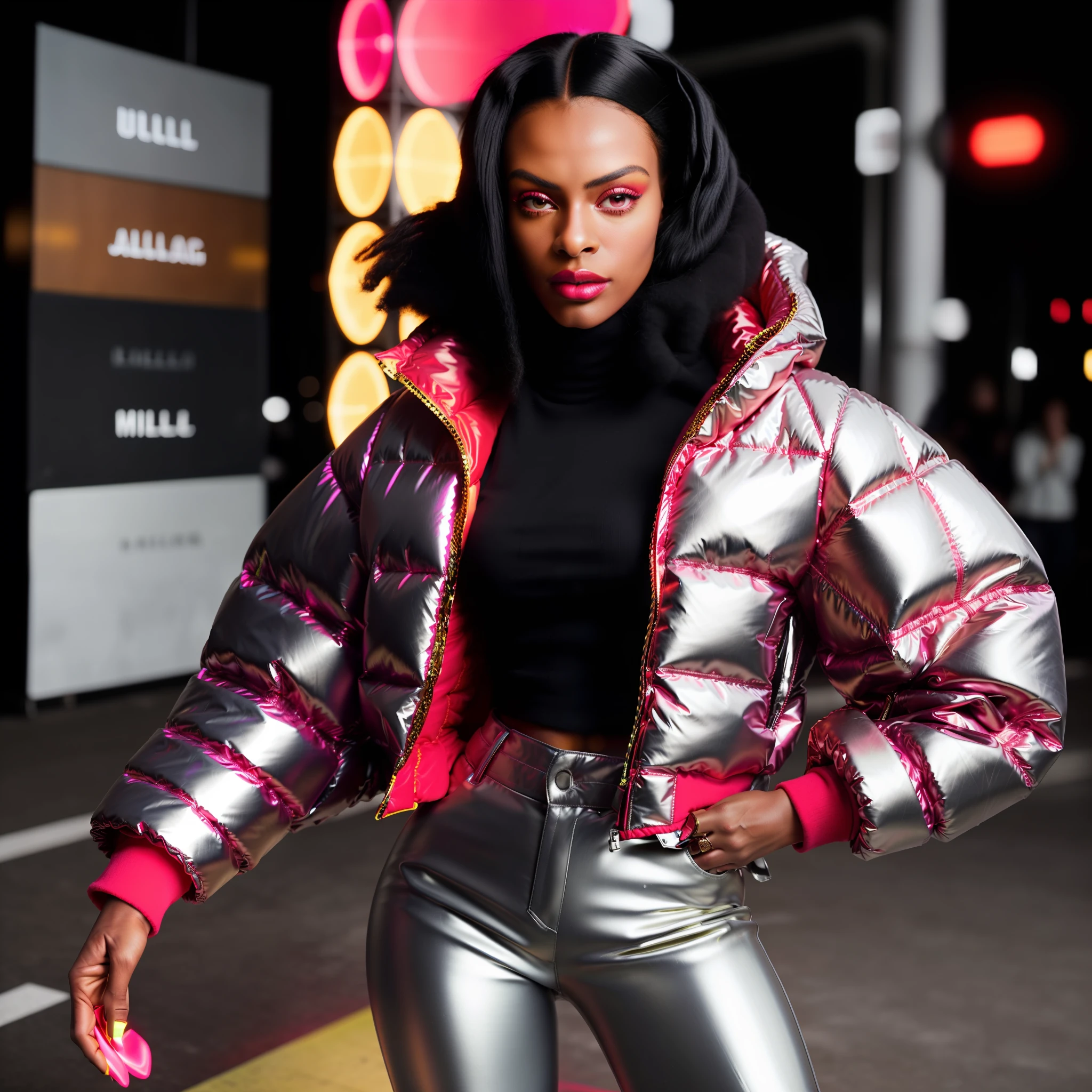 (((The scene of an ultra realistic full-body woman))) with perfect African facial features, black hair stylished afro comb details in high definition, with nice expression, wearing oversized pants, (((Balenciaga puffer style jacket oversized:1.5 ultra definition red))) ((((vivid color red jacket, neon, metallic, reflective)))), parading on runway, towards the camera, (ultra realistic parade environment) high fashion show, best quality, superior quality, image masterpiece, high resolution photography, captured from the front.