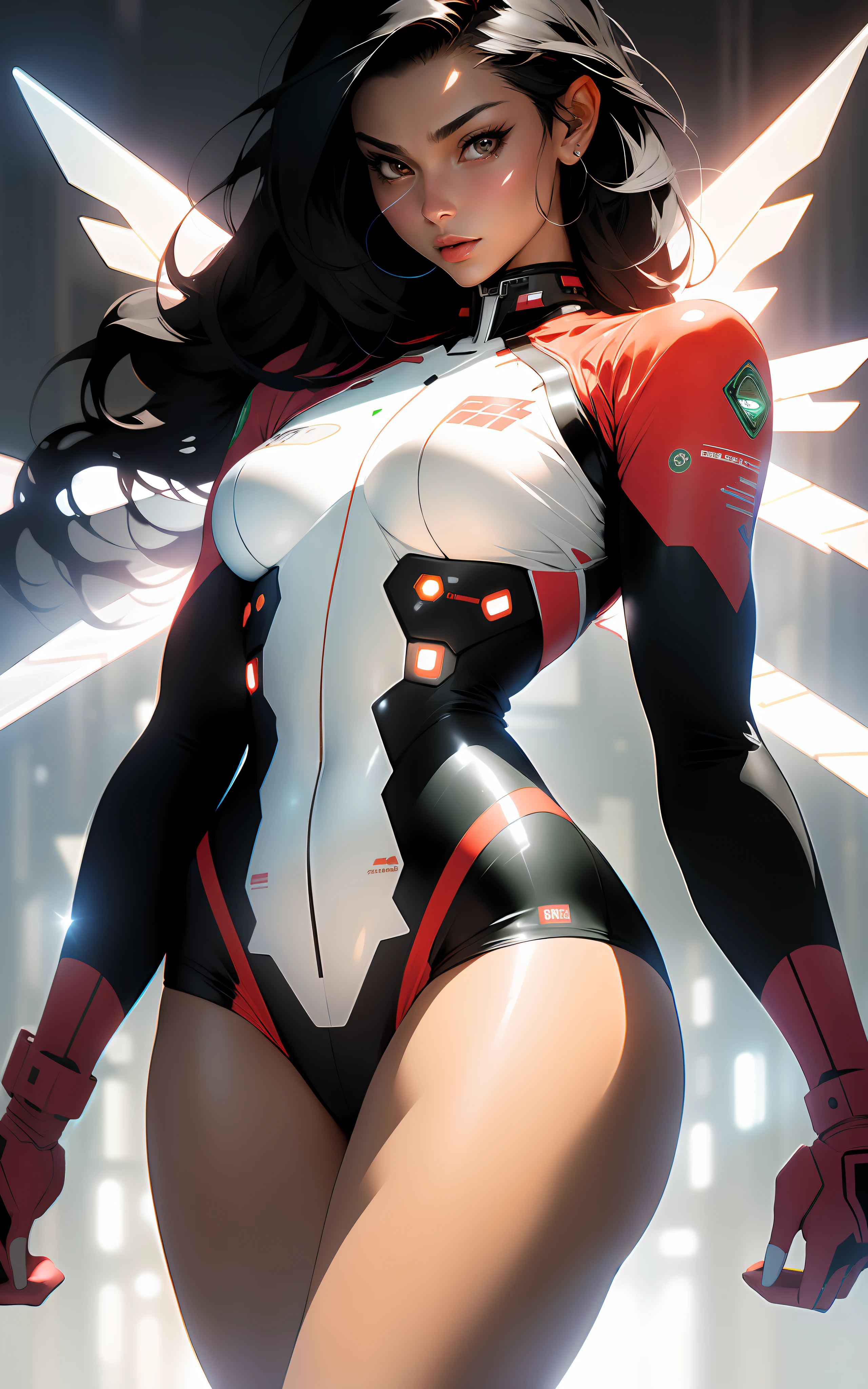 ((Best quality)), ((masterpiece)), (detailed: 1.4), (Absurd), Indian woman fighter pilot ready for war, front walking, dark skin, typical ornaments of India, defined muscular sculptural body, half thick naked thighs, closed mouth, only in panties, muscular body covered by technological clothing, Neon Genesis Evangelion style, cyberpunk, generous neckline, ((perfect medium breasts)), (brown eyes without pupils),  ((red, white and green clothing)), (((black hair fulfilled))), (tiger stripes on the arms), long eyelashes heavy makeup, mini skirt, garter belt, by mucha, niji --V5, close to real, psychopath, crazy face, sexy pose, background with a giant Gundam style Robot head, 2 piece clothing, shoulder pads with airplane wings on the back, pastel, centered,  Scale to fit dimensions, High Dynamic Range (HDR),Ray Tracing,NVIDIA RTX,Super-Resolution,Unreal 5,Subsurface Dispersion, PBR Texture, Post-processing, Anisotropic filtering, Depth of field, Maximum clarity and sharpness, Multilayer textures, Albedo and specular maps, Surface shading, Accurate simulation of light-material interaction, Perfect proportions, Octane Render, Two-tone lighting, Wide aperture, Low ISO,  White Balance, Rule of Thirds, 8K RAW, crysisnanosuit