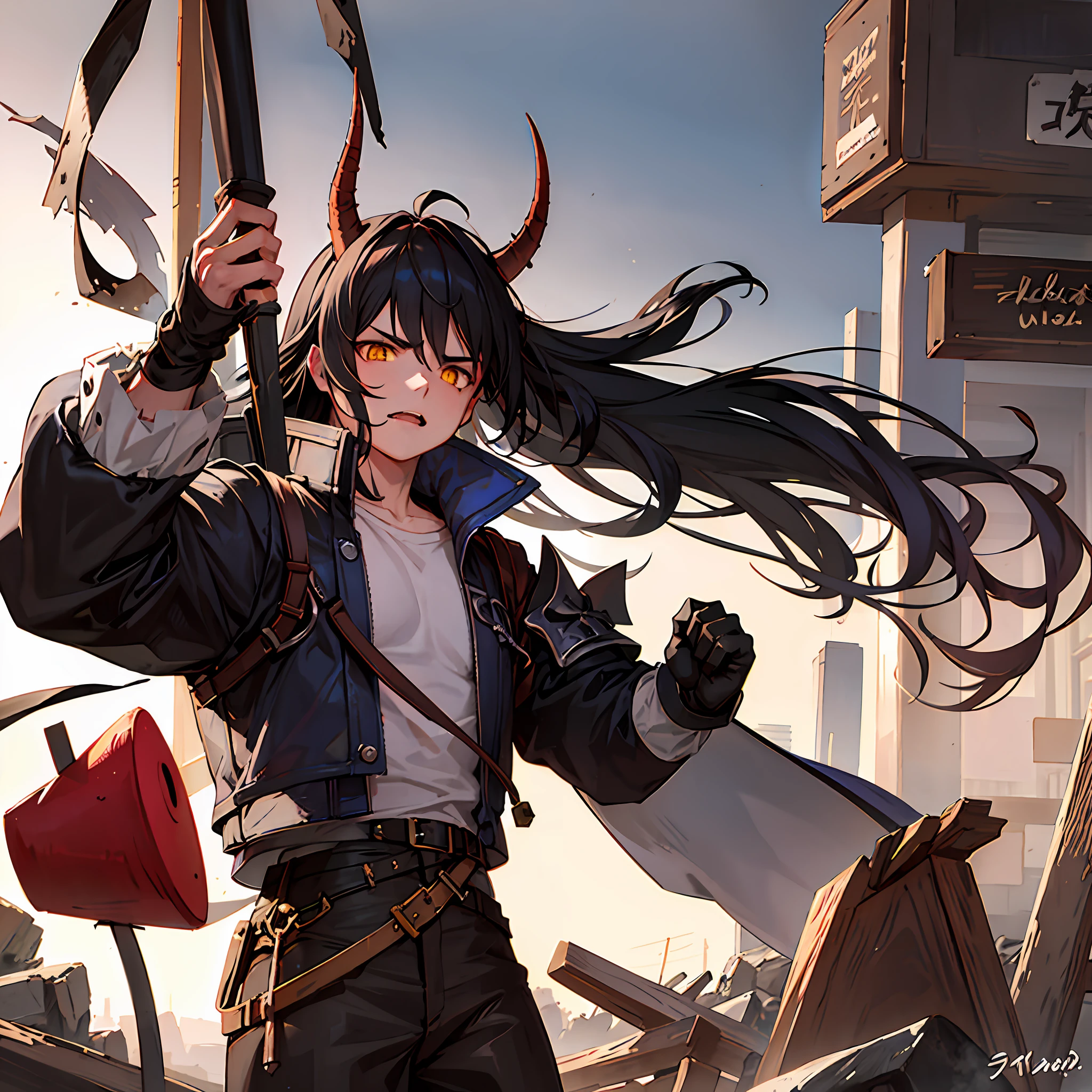 Draw a robust and muscular anime character with deep scars on his face and chest. He's holding a broken sword in his right hand, ready to face a colossal three-meter-tall blue demon. The anime character has a determined look on his face, his brows furrowed and his eyes fixed on the demon in front of him. Her shaggy black hair floats in the wind, while her torn, tattered clothing swings on her body. The demon is an imposing creature, with dark blue skin and twisted horns protruding from its head. His yellow eyes glow with malice, while his sharp claws extend towards the anime character. The demon is about to attack, but the anime character is ready to fight to the end.