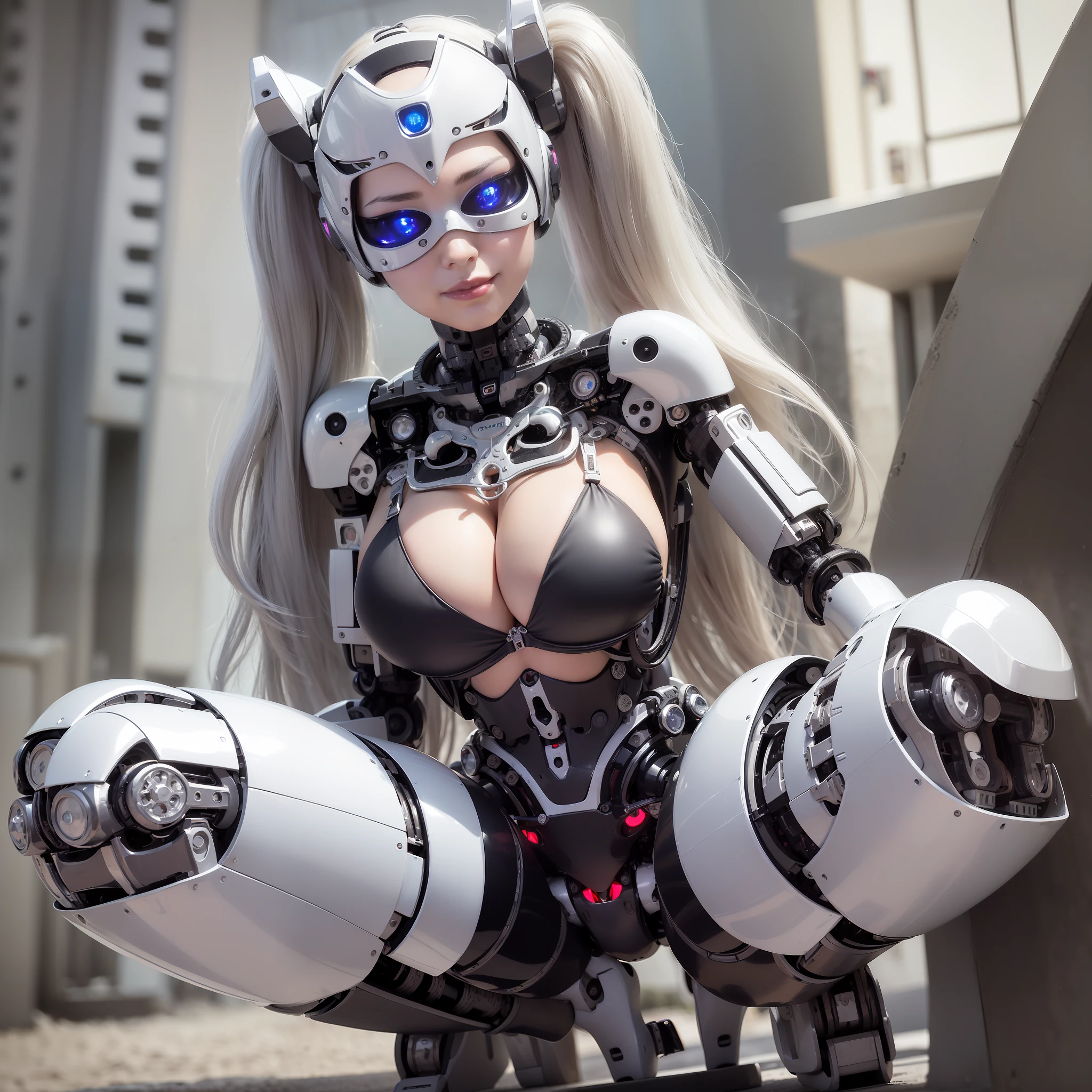 Beautiful Face,1 Woman, Curvaceous, Top Quality, Masterpiece, Ultra Detailed, ((((Bikini Cyborg Robot Parts)))), (Light Grey Hair), Long Hair, Wavy Hair, Twin Tails, Medium Shot, (((Seductive Smile)), (Black Eyes), Princess Cut, (Cowboy Shot),Squatting,Spread Your Legs,HR Giger,