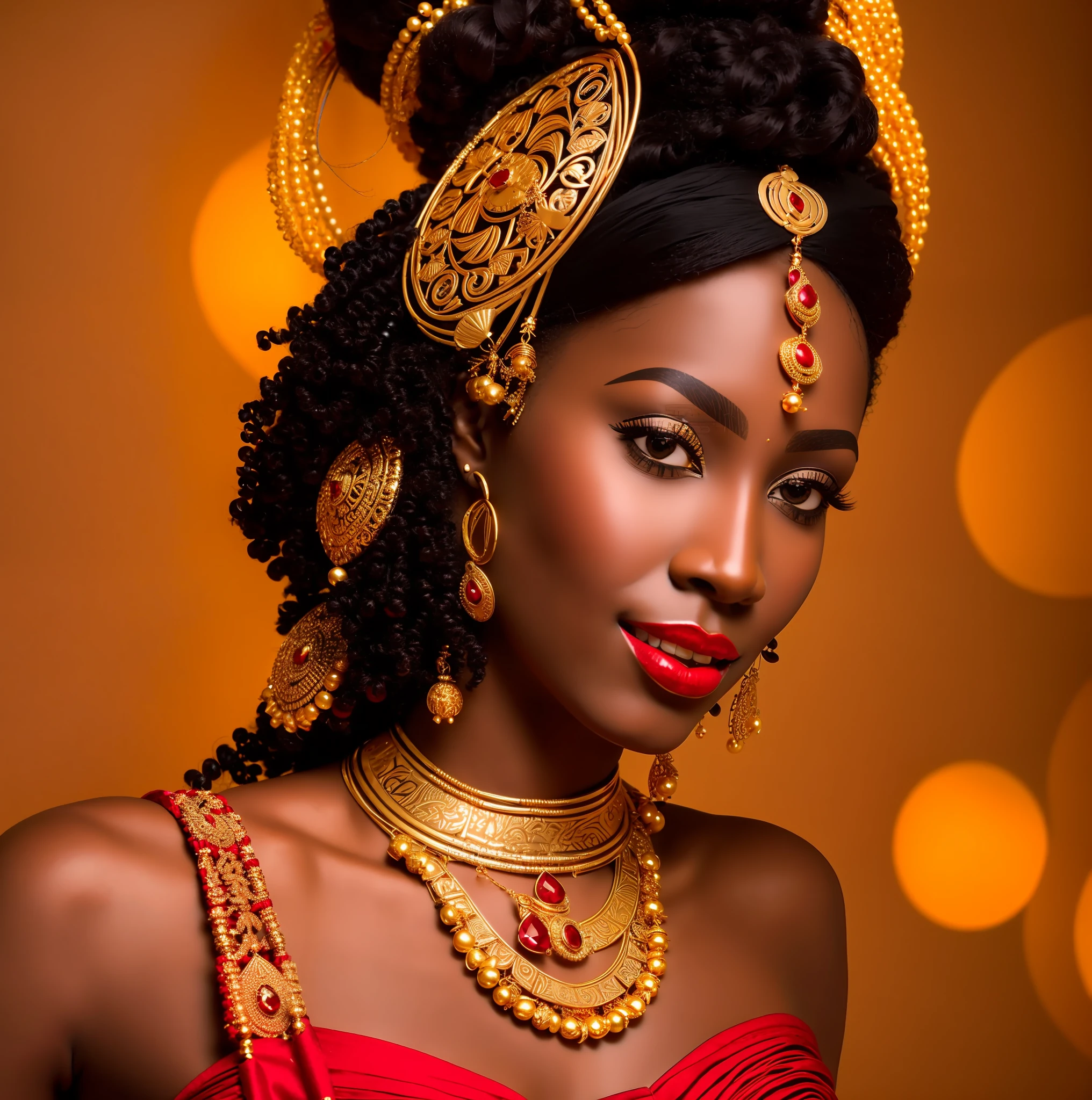 black woman wearing a gold necklace and earrings with a red dress, stunning african princess, african princess, black african princess, african queen, beautiful woman, beautiful beautiful woman, a beautiful empress fantasy, dark skin female goddess of love, intricate african jewelry, african woman, beautiful cleopatra, beautiful queen, traditional beauty, photo of a beautiful woman, wearing an ornate outfit