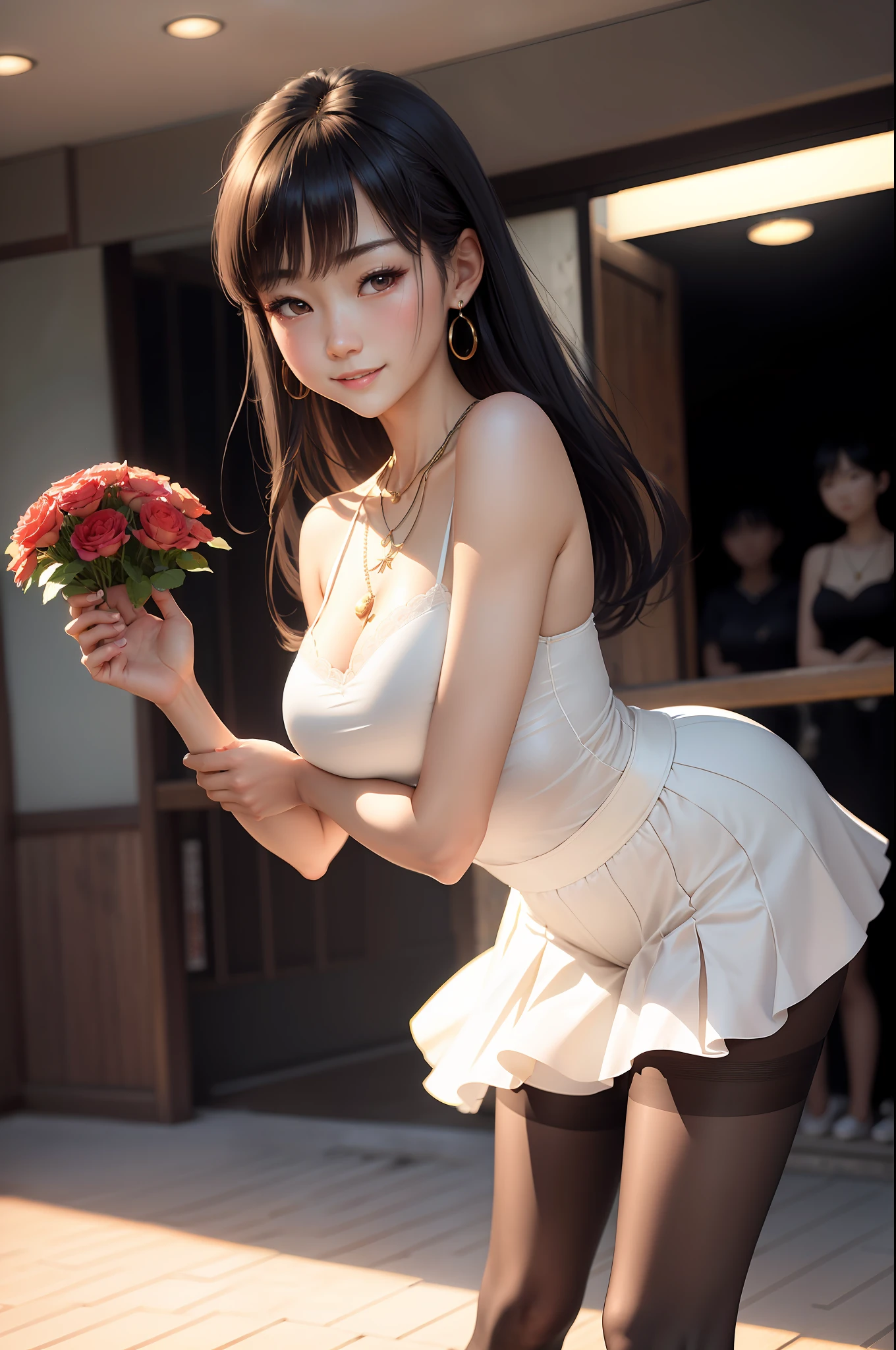 Smiling minchen, pantyhose, absurdity, closed mouth, balanced eyes, (Best Quality Detail: 1.2), Realistic, 8K HD, Ultra Detailed, High Quality Texture, Complex Detail, Detailed Texture, Fine Detail, High Detail, Very Detailed CG, High Quality Shadow, Delicate Beautiful Delicate Face, (Delicate Beautiful Delicate Eyes: 1.32), Depth of Field, Ray Tracing, (A Beautiful 25 Year Old Cute Japanese Lady: 1), Big Breasts, Tall Female, Beautiful Legs, Glow Eyes, Blush, Perfect Body Petite, Scrawny, Group of Men Gathered Around to Watch, Ballet Pantyhose, Super Long Hair, Sunshine, Earrings, Necklaces, Necklaces, Models, Looking at the Audience, Dynamic Pose, Necklace, Full Body, Standing, Show Beautiful Legs, Cleavage , smooth stockings, red openwork bra, 2 girls, dark room, unexpected dew point