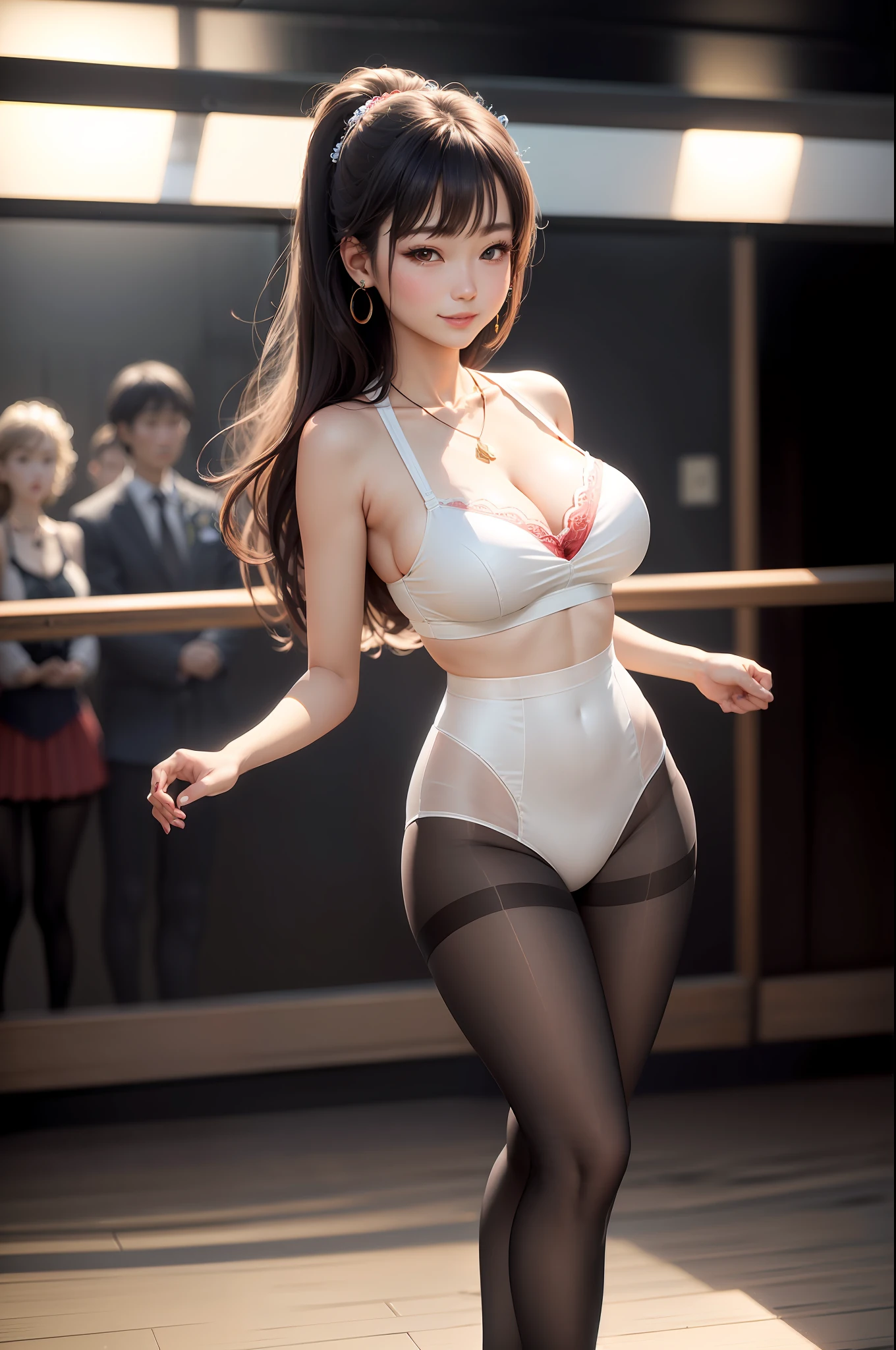 Smiling minchen, pantyhose, absurdity, closed mouth, balanced eyes, (Best Quality Detail: 1.2), Realistic, 8K HD, Ultra Detailed, High Quality Texture, Complex Detail, Detailed Texture, Fine Detail, High Detail, Very Detailed CG, High Quality Shadows, Delicate Beautiful Delicate Face, (Delicate Beautiful Delicate Eyes: 1.32), Ray Tracing, (A Beautiful 25 Year Old Cute Japanese Lady: 1), Big Breasts, Tall Female, Beautiful Legs, Glow Eyes, Blush, Perfect Body Petite, Scrawny, Group of Men Surrounding to Watch, Ballet Pantyhose, Extra Long Hair, Sunshine, Earrings, Necklace, Model, Looking at the Audience, Dynamic Pose, Necklace, Full Body, Standing, Show Beautiful Legs, Cleavage , smooth stockings, red openwork bra, looming, southern hemisphere, 2 girls, dark room, unexpected dew point