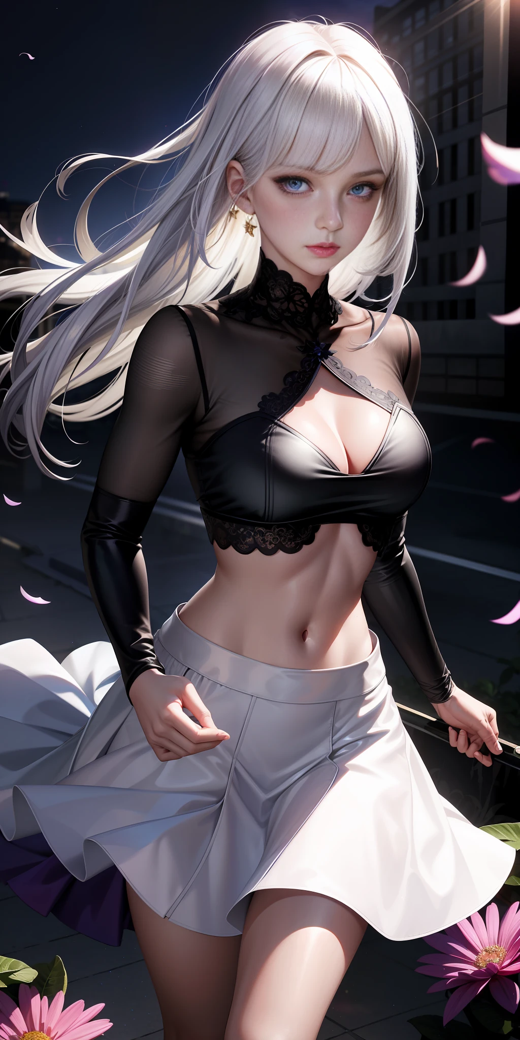 realistic, 1girl, white hair, purple eyes, glowing eyes, cropped top, transparent skirt, exposed chest, parted lips, blush, night, flowers, sun, sunlight,