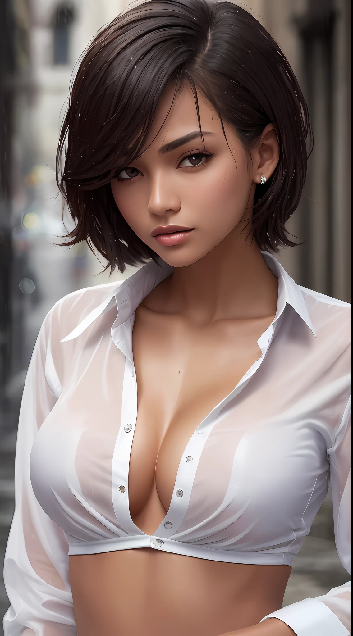 ((Best quality, 8k, Masterpiece: 1.3)), Sharp focus: 1.2, A beautiful African-American womanwoman with perfect body: 1.4, Thin abdomen: 1.2, ((Layered haircut, Large breasts: 1.2)), (without bra) (Small and beautiful hard nipple) (Thin and wet button up to shirt length: 1.1), (White shirt wet by rain), (Rain, Street: 1.2), Wet body:  1.1, Highly detailed face and skin texture, Detailed eyes, double eyelid, tanned skin, sexy, tan