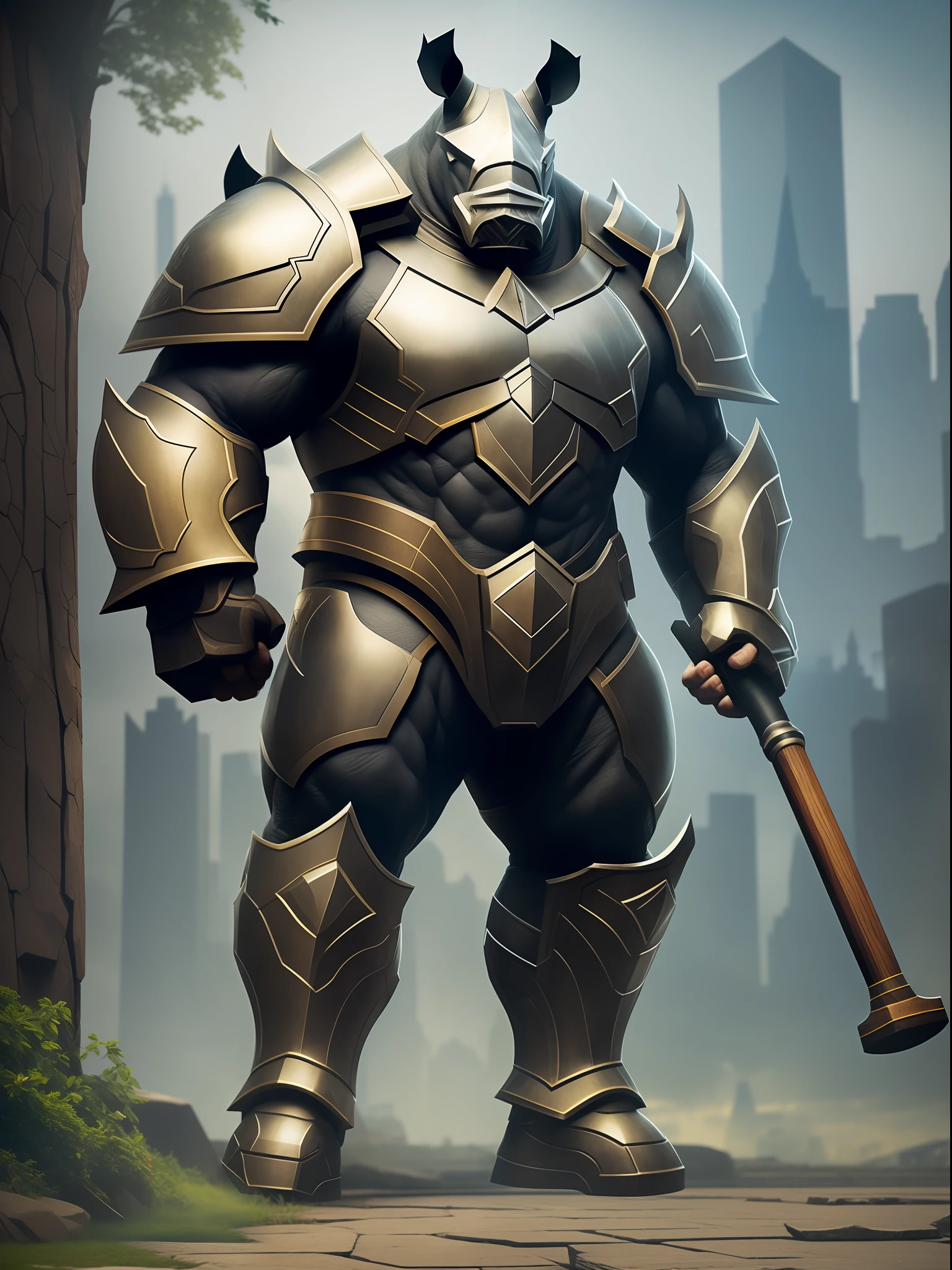 ( detailed description ) ( Better quality ) ( Realistic ) Mascot, Rhino, heavy armor, half human, Holding hammer, colossal size