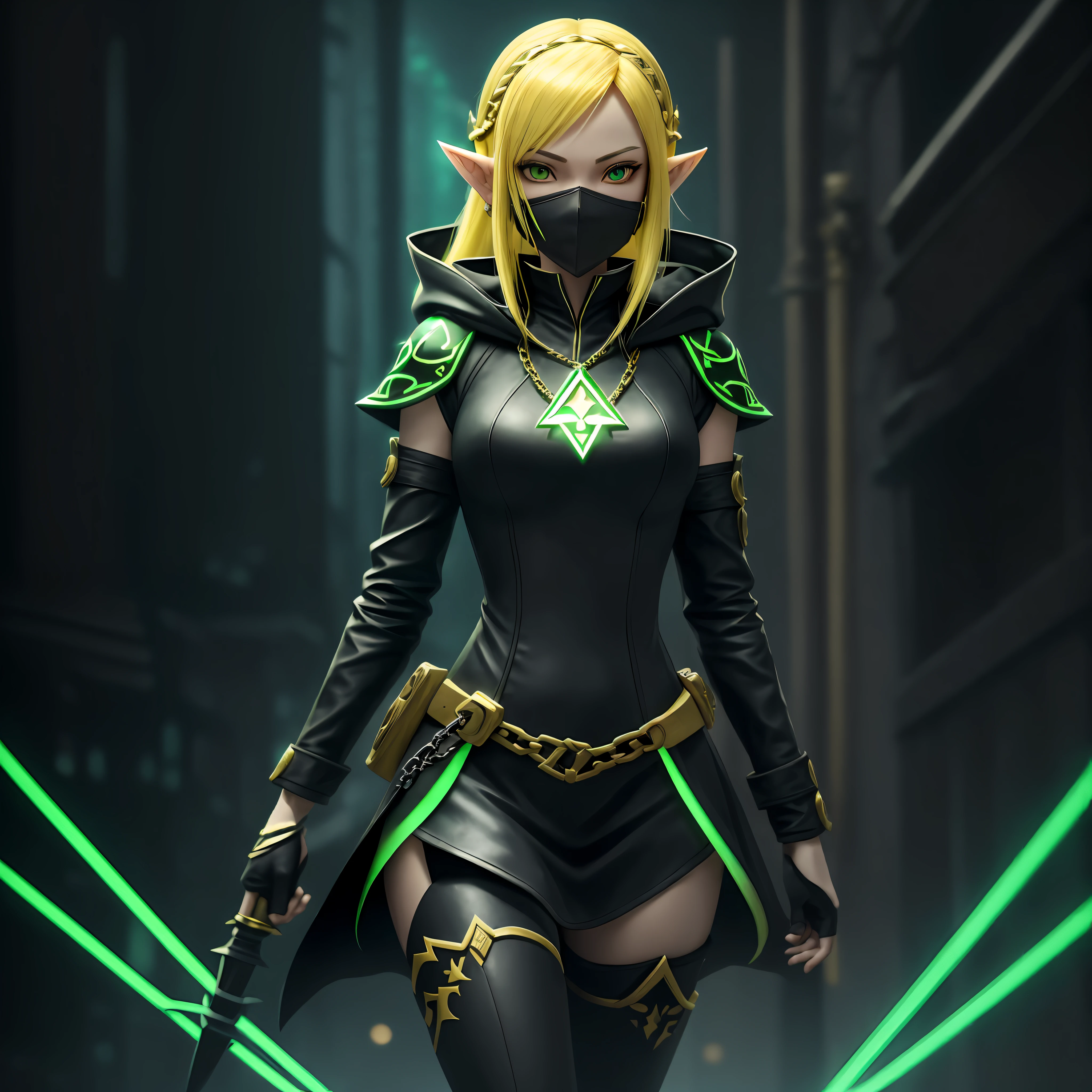 A full-body shot of Princess Zelda, yellow hair, yellow eyes, dressed as a Trudy from the matrix in black+neon green with a black mask and hood with green details, XL bust, holding a flaming Kunai attached to a chain. Background: Cybercity created in the Matrix at night. Unreal Engine 5, Anime, Anime style, Masterpiece, Well drawn eyes, well drawn face, well detailed eyes, well detailed face, 8k, light and shadow effect. --auto --s2