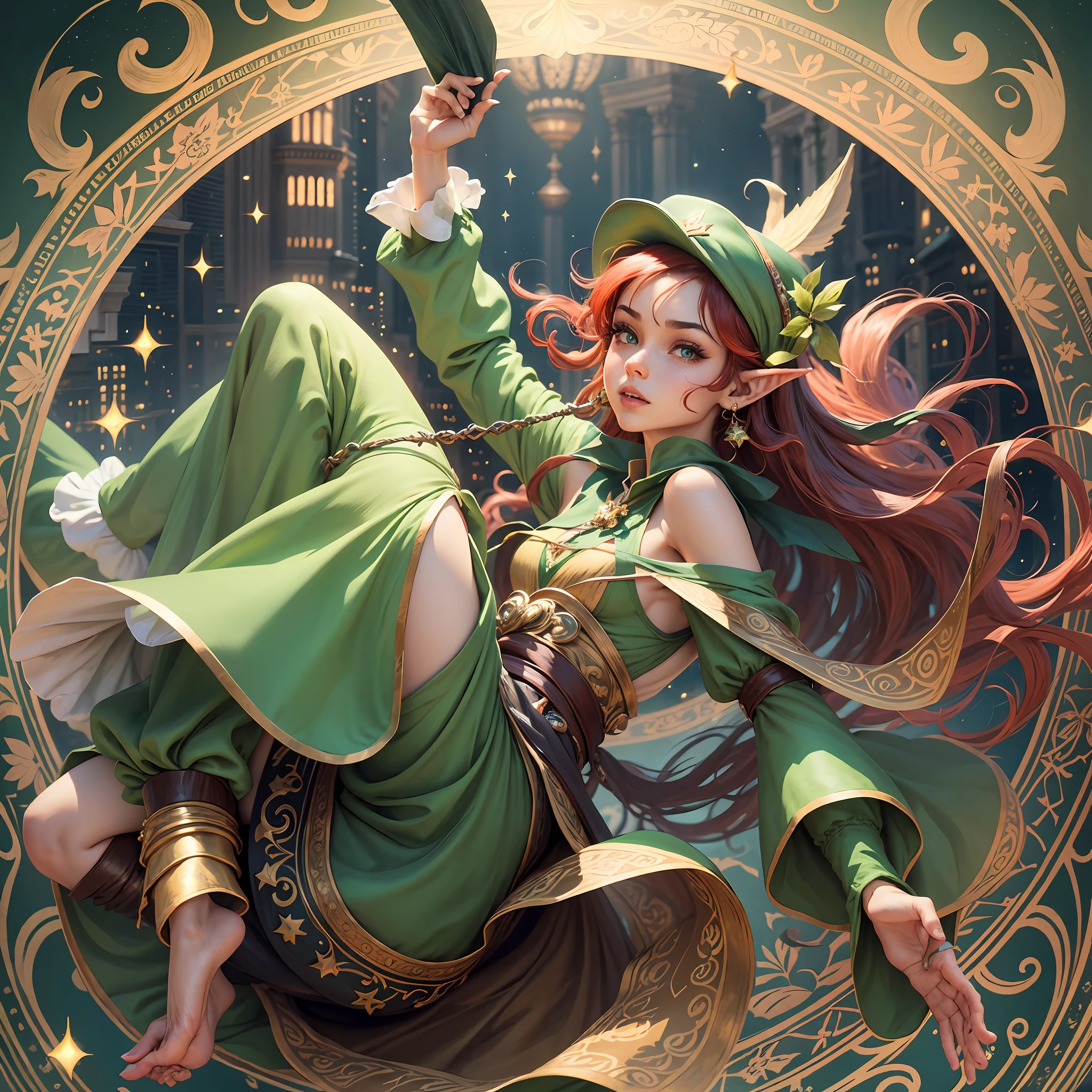 Jasmine de agrabam,e,peterpan,flying on a carpet,magical,about,city,thousand,e,a,night,peterpan,ears,pointed,hair,red,elf,cap,green,pants,green,jasmine,princess,do, palace,de,agrabam,8k,image --auto --s2