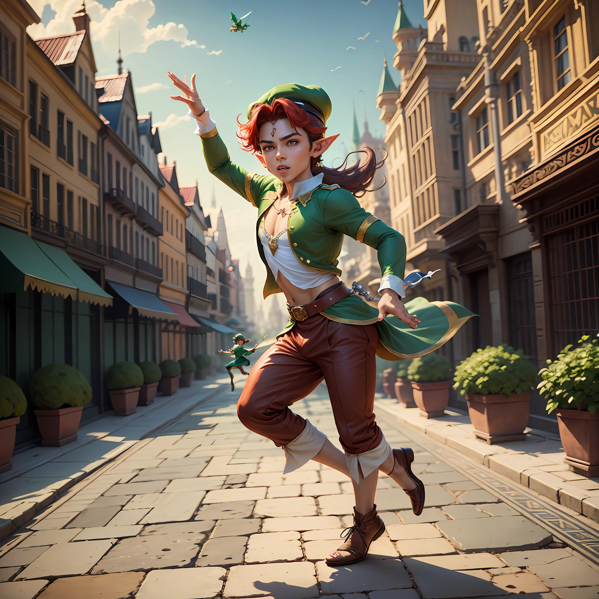 Jasmine de agrabam,e,peterpan,flying on a carpet,magical,about,city,thousand,e,a,night,peterpan,ears,pointed,hair,red,elf,cap,green,pants,green,jasmine,princess,do, palace,de,agrabam,8k,image --auto --s2