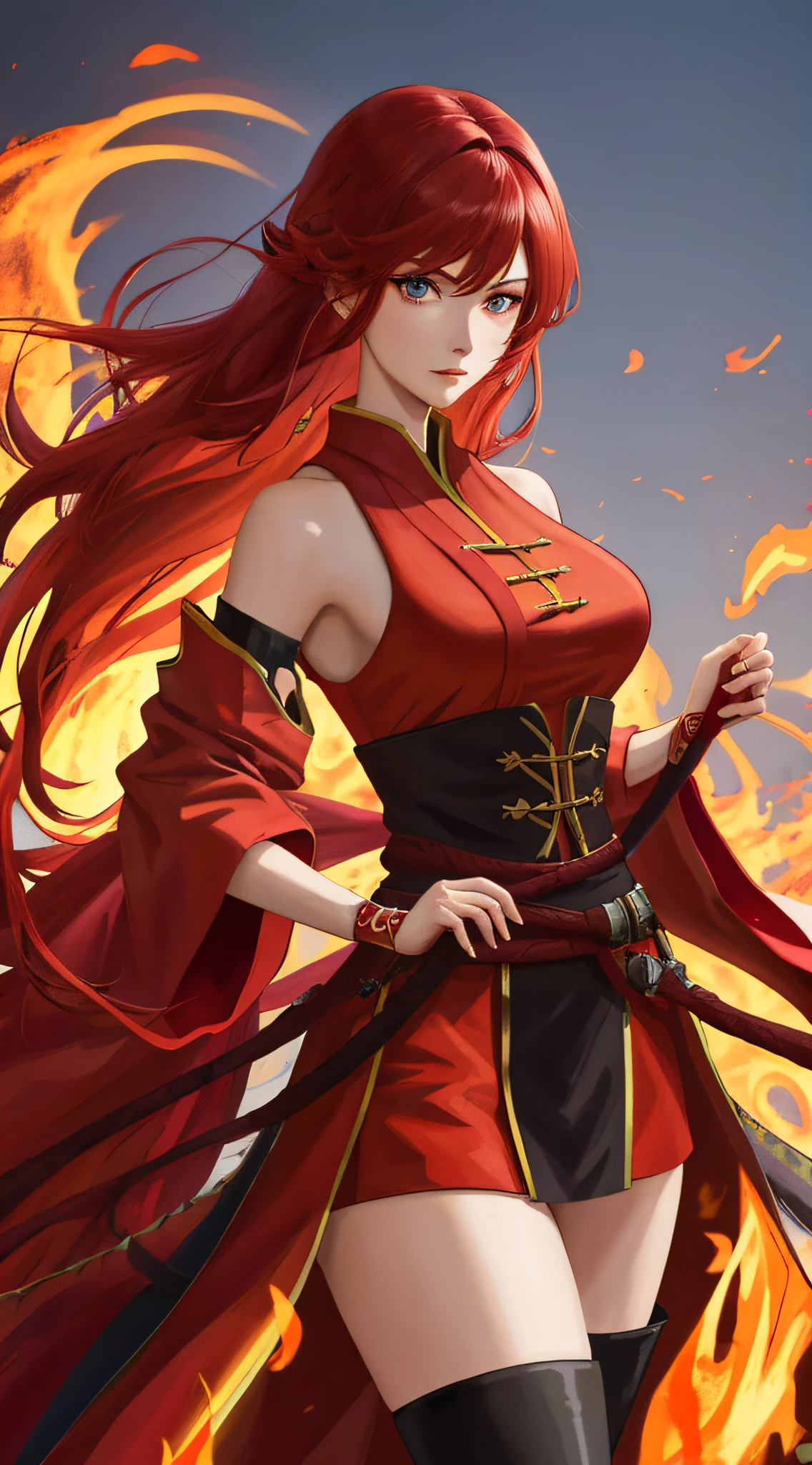 anime, 1girl, solo, large beasts, red hanfu, detailed pattern, detailed clothing, bare shoulder, thighs, red hair, shining eyes, eyes shadow, long hair, lip, fire, cowboy shot, perfact female figure, standing, detailed background, flames,