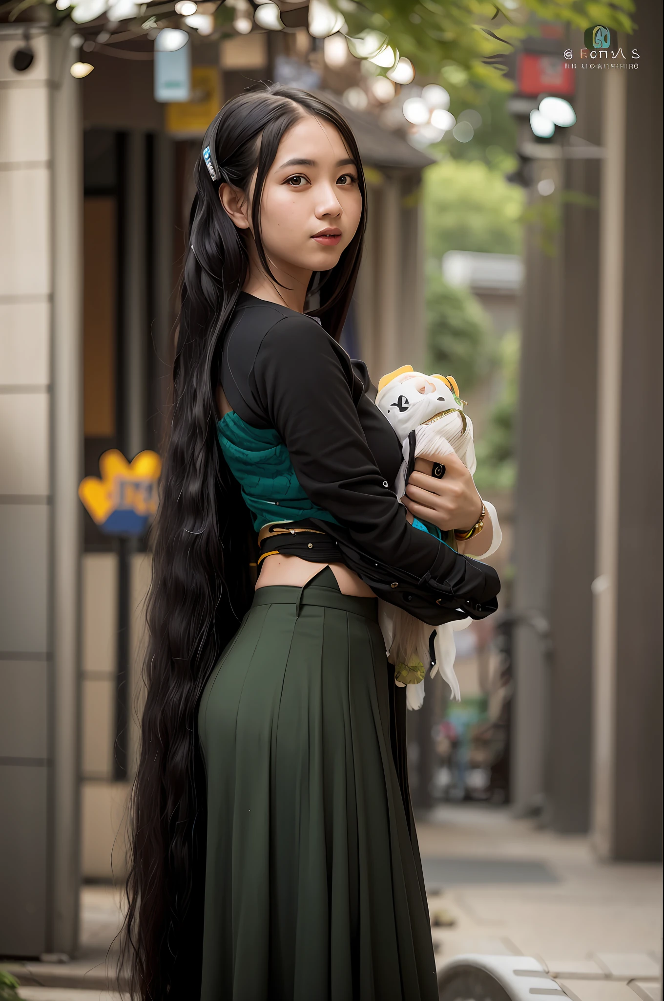 arafed woman with long black hair and a green skirt, with long hair, long hair girl, nivanh chanthara, girl with super long hair, asian girl with long hair, very beautiful girl, waist long hair, girl with long hair, very beautiful enga style, young with long hair, with lovely look, with long black hair