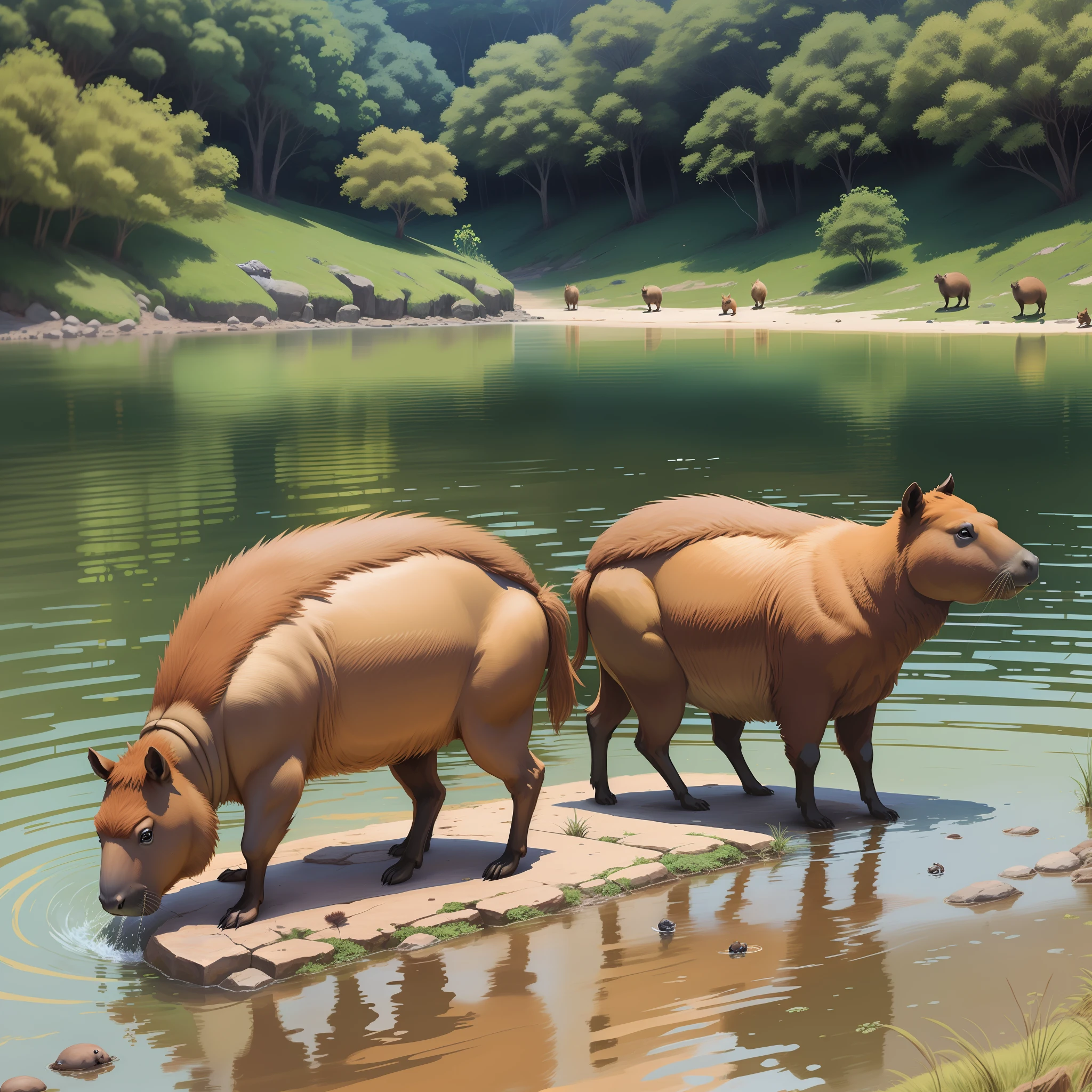 Brown capybaras, blue lake,