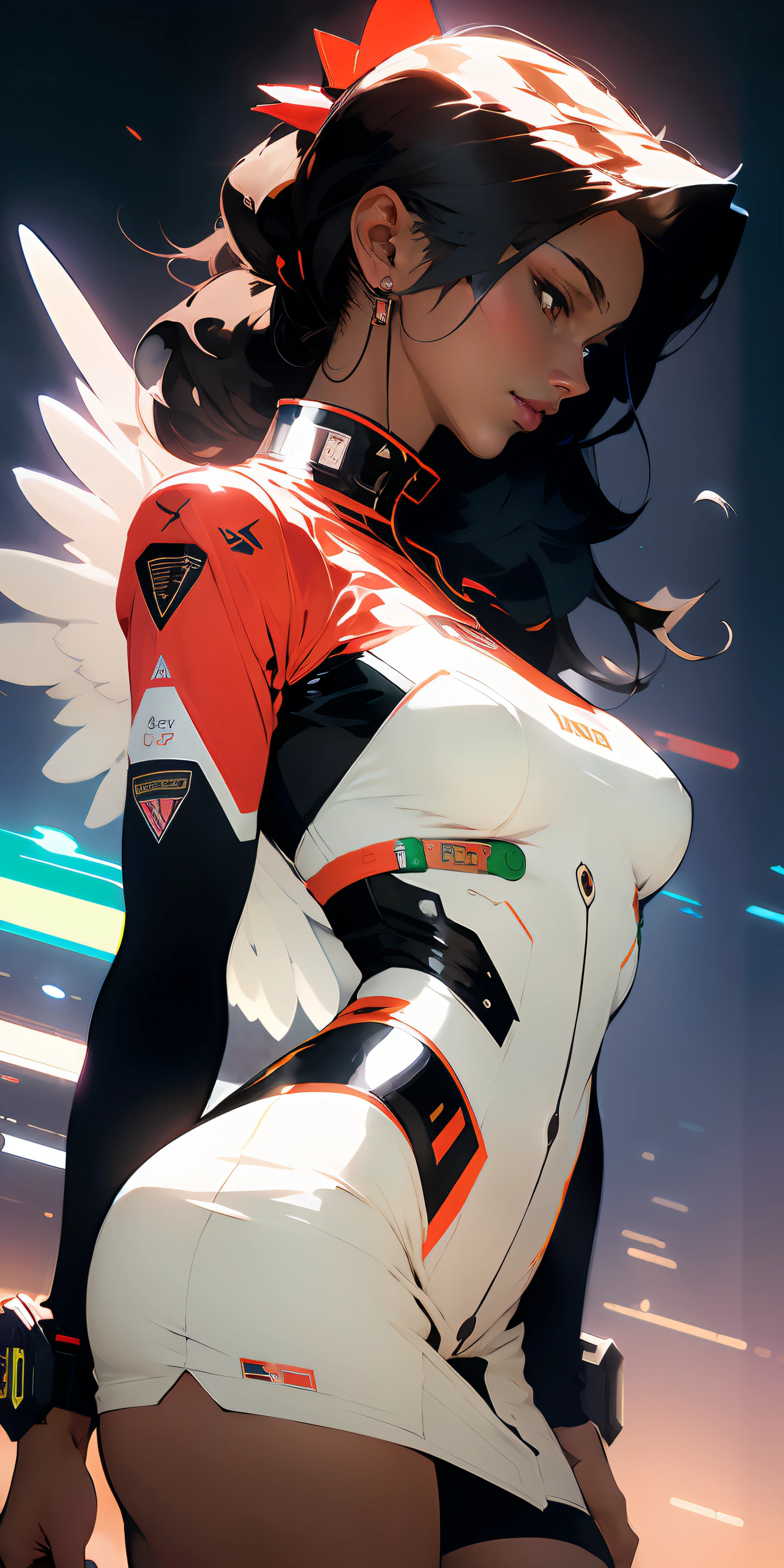 ((Best quality)), ((masterpiece)), (detailed: 1.4), (Absurd), Indian female fighter pilot in mini skirt ready for war, front walking, dark afro skin, ornaments typical of India, jewelry typical of India, muscular sculptural body defined, half thick naked thighs, closed mouth, muscular body covered by technological clothing, Neon Genesis Evangelion style, cyberpunk, generous neckline, ((perfect medium breasts)),  (brown eyes without pupils), ((red, white and green clothing)), (((black hair fulfilled)))), (tiger stripes on arms), long eyelashes heavy makeup, mini skirt, garter belt, by mucha, niji --V5, close to real, psychopath, crazy face, sexy pose, background with a giant Gundam style robot head, 2 piece clothing, shoulder pads with airplane wings on the back,  pastel, centered, scale to fit dimensions, HDR (High Dynamic Range),Ray Tracing,NVIDIA RTX,Super-Resolution,Unreal 5,Subsurface dispersion, PBR texture, Post-processing, Anisotropic filtering, Depth of field, Maximum clarity and sharpness, Multilayer textures, Albedo and specular maps, Surface shading, Accurate simulation of light-material interaction, Perfect proportions, Octane Render, Two-tone lighting, Wide aperture,  Low ISO, White balance, Rule of thirds, 8K RAW, crysisnanosuit