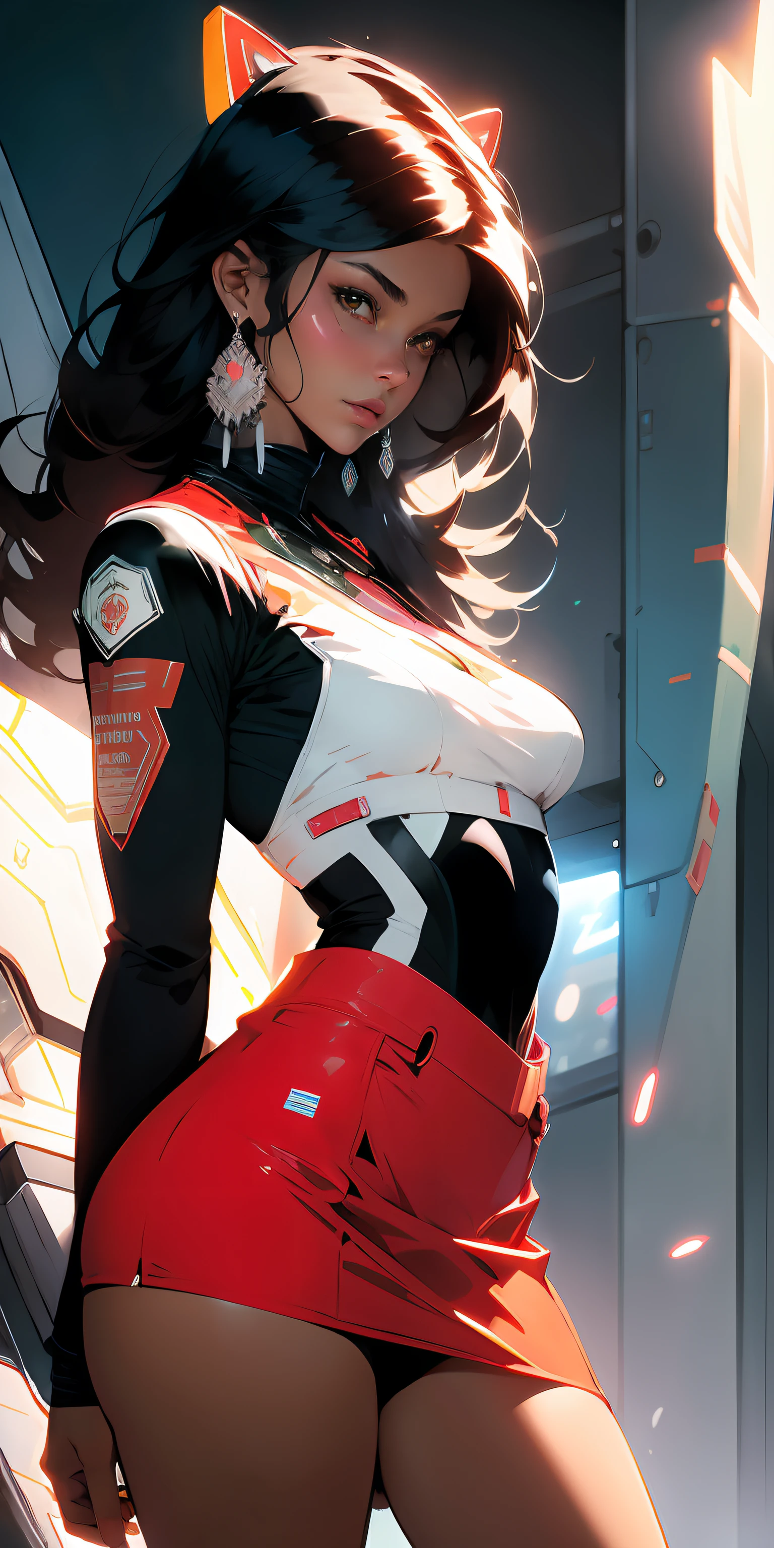 ((Best quality)), ((masterpiece)), (detailed: 1.4), (Absurd), Indian female fighter pilot in mini skirt ready for war, front walking, dark afro skin, ornaments typical of India, jewelry typical of India, muscular sculptural body defined, half thick naked thighs, closed mouth, muscular body covered by technological clothing, Neon Genesis Evangelion style, cyberpunk, generous neckline, ((perfect medium breasts)), (brown eyes without pupils), ((red, white and green clothing)), (((black hair fulfilled)))), (tiger stripes on arms), long eyelashes heavy makeup, mini skirt, garter belt, by mucha, niji --V5, close to real, psychopath, crazy face, sexy pose, background with a giant Gundam style robot head, 2 piece clothing, shoulder pads with airplane wings on the back, pastel, centered, scale to fit dimensions, HDR (High Dynamic Range),Ray Tracing,NVIDIA RTX,Super-Resolution,Unreal 5,Subsurface dispersion, PBR texture, Post-processing, Anisotropic filtering, Depth of field, Maximum clarity and sharpness, Multilayer textures, Albedo and specular maps, Surface shading, Accurate simulation of light-material interaction, Perfect proportions, Octane Render, Two-tone lighting, Wide aperture, Low ISO, White balance, Rule of thirds, 8K RAW, crysisnanosuit