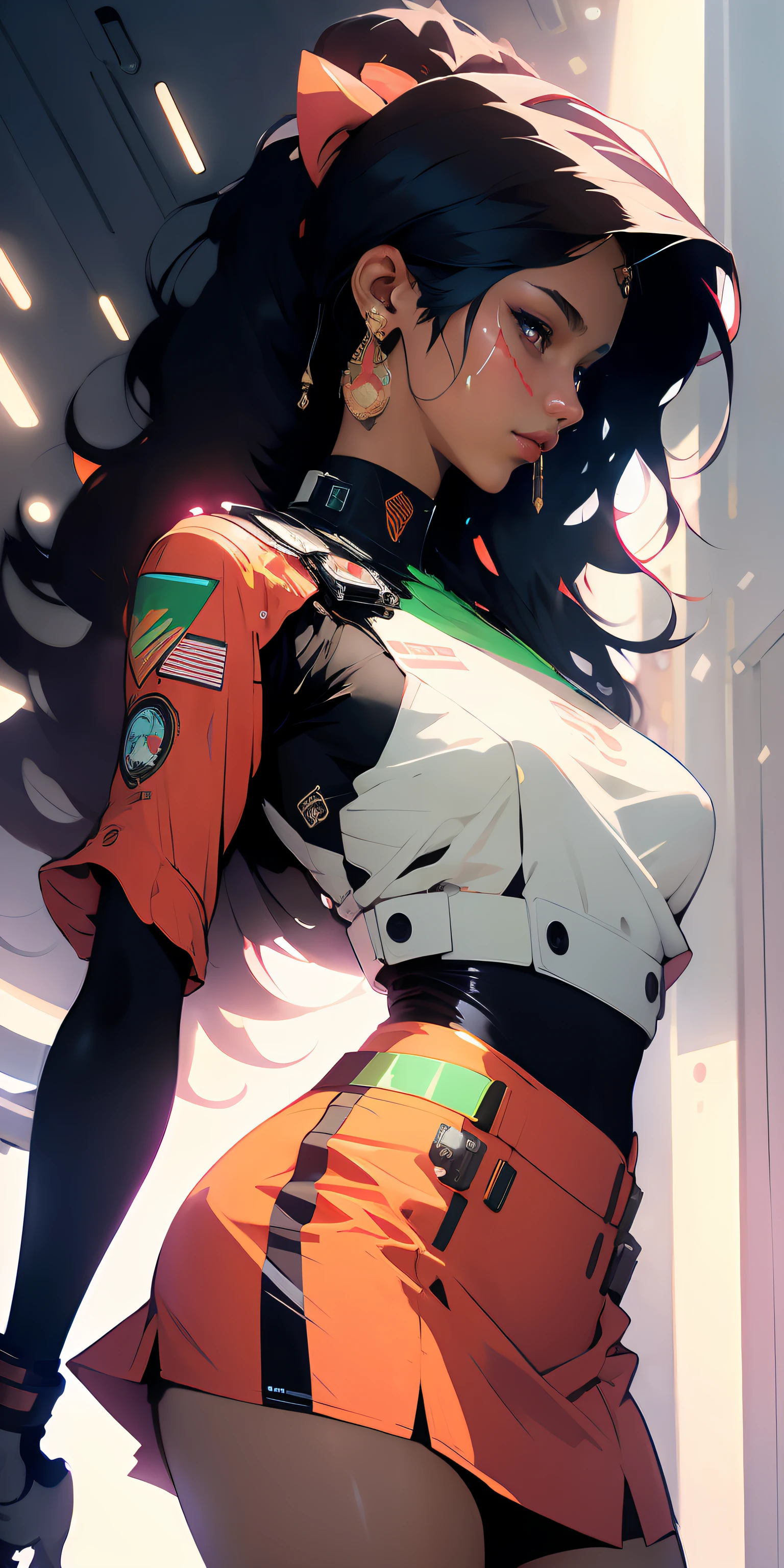((Best quality)), ((masterpiece)), (detailed: 1.4), (Absurd), Indian female fighter pilot in mini skirt ready for war, front walking, dark afro skin, ornaments typical of India, jewelry typical of India, muscular sculptural body defined, half thick naked thighs, closed mouth, muscular body covered by technological clothing, Neon Genesis Evangelion style, cyberpunk, generous neckline, ((perfect medium breasts)), (brown eyes without pupils), ((red, white and green clothing)), (((black hair fulfilled)))), (tiger stripes on arms), long eyelashes heavy makeup, mini skirt, garter belt, by mucha, niji --V5, close to real, psychopath, crazy face, sexy pose, background with a giant Gundam style robot head, 2 piece clothing, shoulder pads with airplane wings on the back, pastel, centered, scale to fit dimensions, HDR (High Dynamic Range),Ray Tracing,NVIDIA RTX,Super-Resolution,Unreal 5,Subsurface dispersion, PBR texture, Post-processing, Anisotropic filtering, Depth of field, Maximum clarity and sharpness, Multilayer textures, Albedo and specular maps, Surface shading, Accurate simulation of light-material interaction, Perfect proportions, Octane Render, Two-tone lighting, Wide aperture, Low ISO, White balance, Rule of thirds, 8K RAW, crysisnanosuit