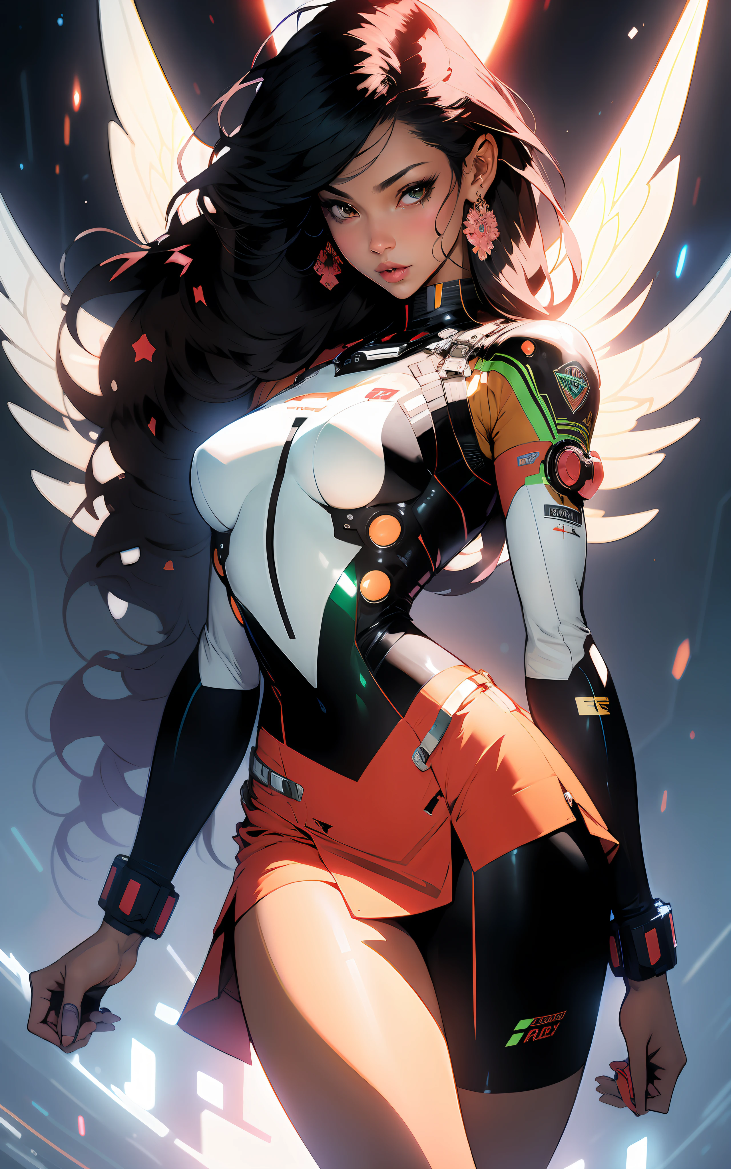 ((Best quality)), ((masterpiece)), (detailed: 1.4), (Absurd), Indian female fighter pilot in mini skirt ready for war, front walking, dark afro skin, ornaments typical of India, jewelry typical of India, muscular sculptural body defined, half thick naked thighs, closed mouth, muscular body covered by technological clothing, Neon Genesis Evangelion style, cyberpunk, generous neckline, ((perfect medium breasts)),  (brown eyes without pupils), ((red, white and green clothing)), (((black hair fulfilled)))), (tiger stripes on arms), long eyelashes heavy makeup, mini skirt, garter belt, by mucha, niji --V5, close to real, psychopath, crazy face, sexy pose, background with a giant Gundam style robot head, 2 piece clothing, shoulder pads with airplane wings on the back,  pastel, centered, scale to fit dimensions, HDR (High Dynamic Range),Ray Tracing,NVIDIA RTX,Super-Resolution,Unreal 5,Subsurface dispersion, PBR texture, Post-processing, Anisotropic filtering, Depth of field, Maximum clarity and sharpness, Multilayer textures, Albedo and specular maps, Surface shading, Accurate simulation of light-material interaction, Perfect proportions, Octane Render, Two-tone lighting, Wide aperture,  Low ISO, White balance, Rule of thirds, 8K RAW, crysisnanosuit