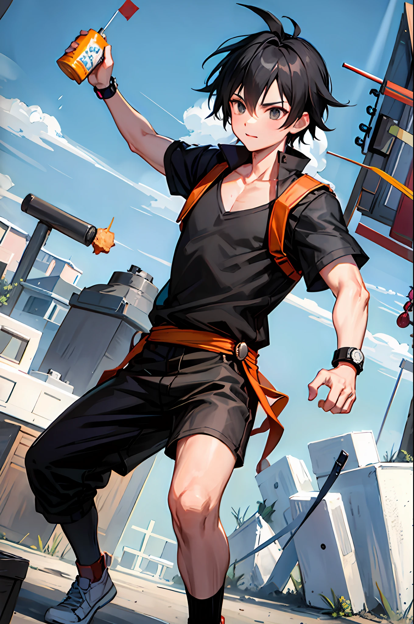 Son goku, 1boy, solo, brave, hamburger, black hair, black shirt, blue bracelet, clenched hand, closed mouth, collarbone, energy, gray eyes, male focus, muscular man, outstretched arm, band, scene reference, scratches, black shirt, smoke, spiky hair, standing, ultra instinct, V-eyebrows, hamburger, walking, bracelet