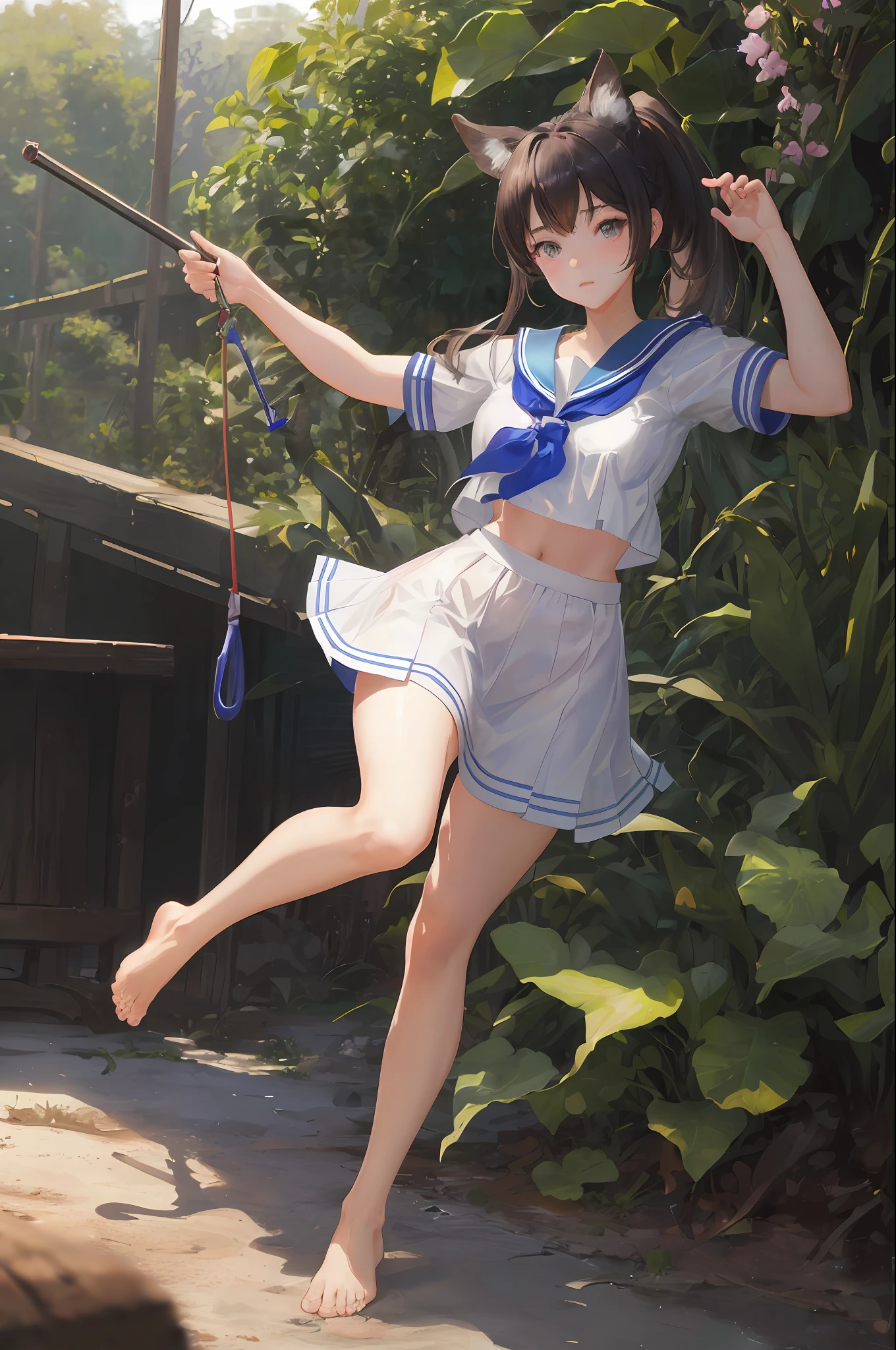 art by Cornflower, dreamy, (masterpiece, best quality, perfect anatomy, beautiful face, realistic, ultra detailed,1girl,18ears old,solo,depth of field,Canon 24mm Lens,f1.4,cute_girl,sailor_ collar, clear facial features, short sleeves, large breasts, thin stature, height 170, barefoot, double ponytail, bangs, gravure pose, outdoor, jungle, blurred background, (uwabaki: 1.1576))