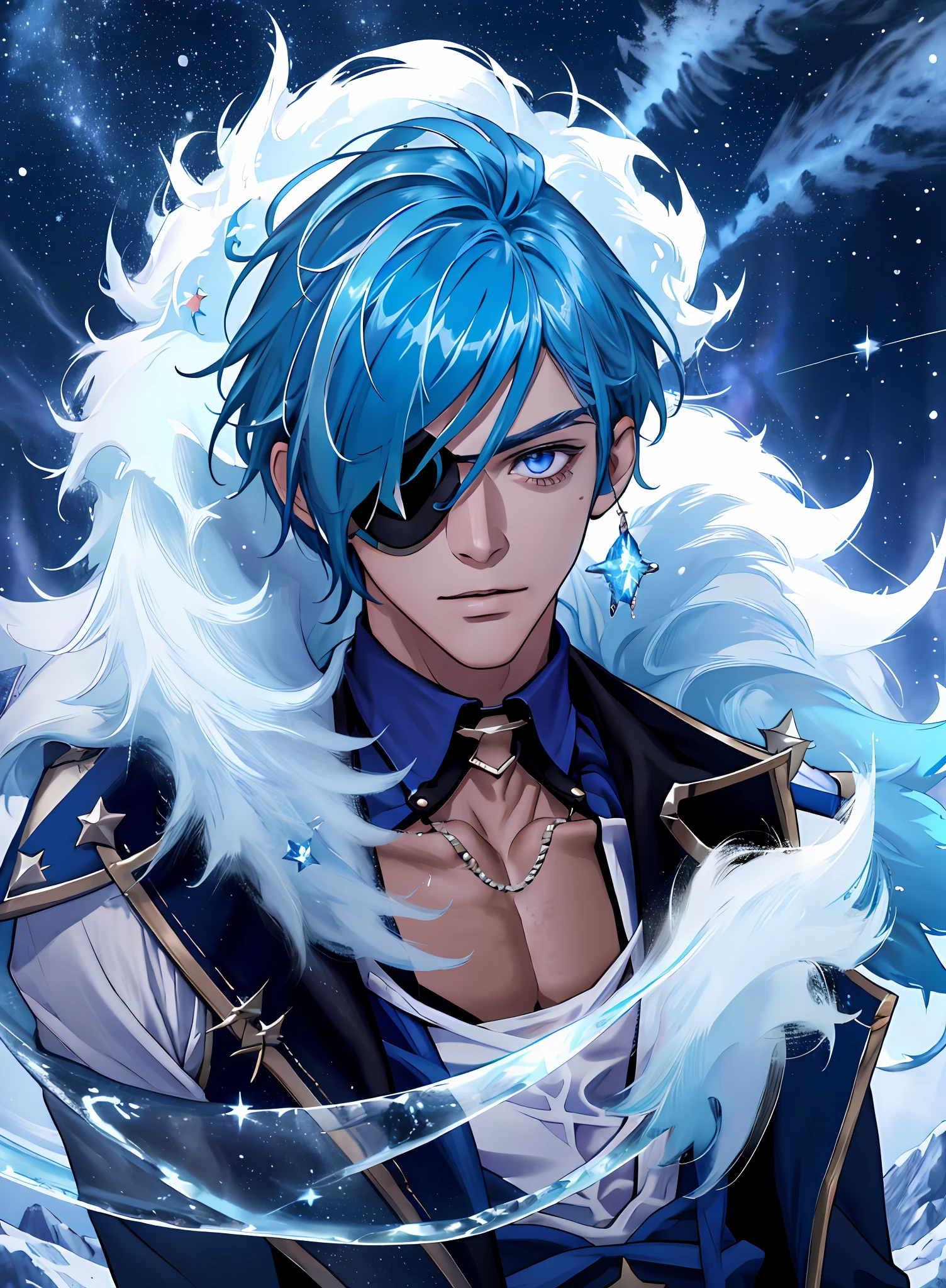 best quality, masterpiece, highres, 1boy,male,solo, mature male, blue hair, taned skin, eyepatch on right eye, casting ice spell at night, stars and galaxy on background, snow swirls around, ice magic, crystals of ice, night time, stars shining