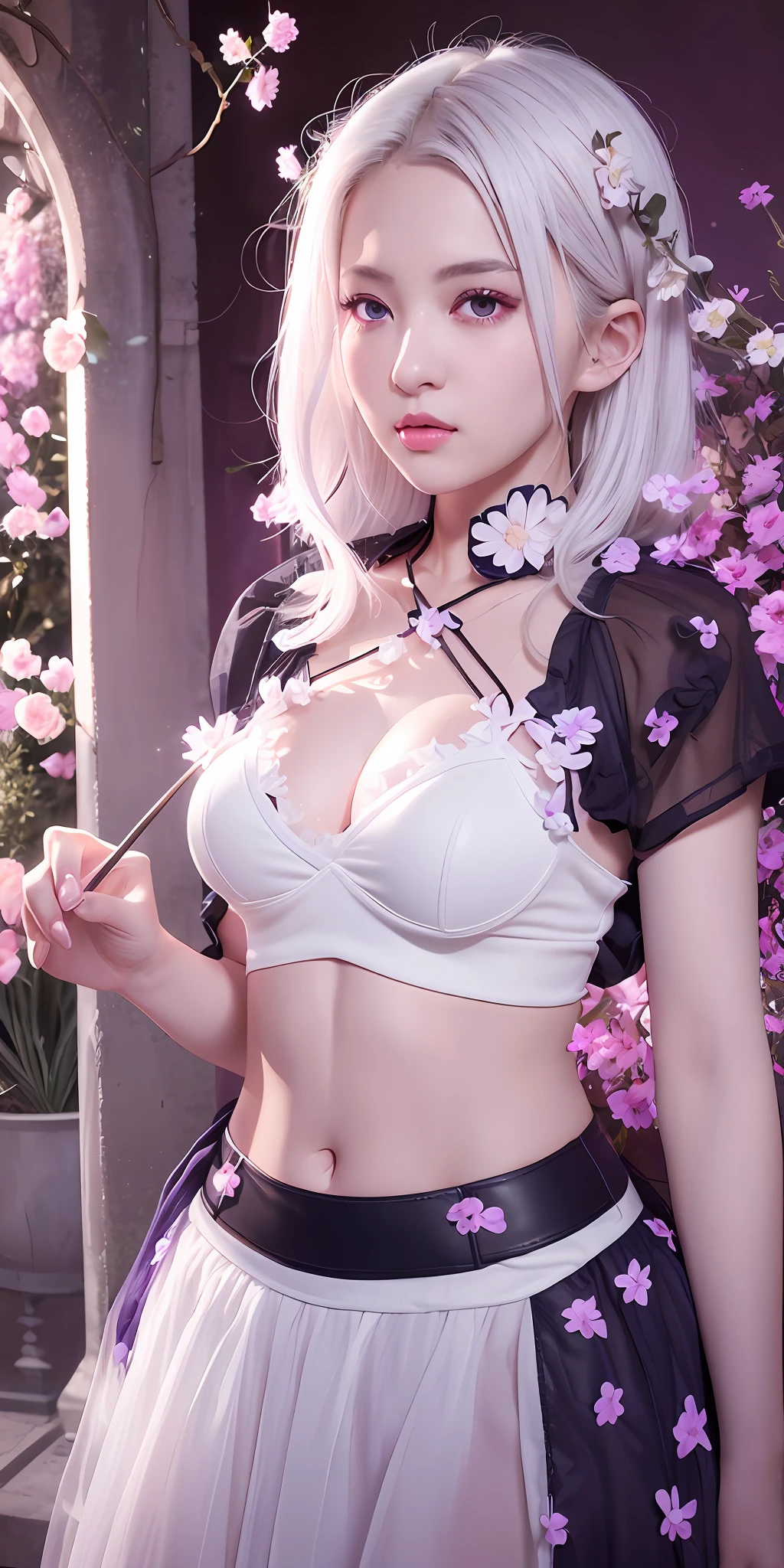Realistic, 1girl, medium breasts, white hair, purple eyes, glowing eyes, white cropped top, white skirt, parted lips, blush, night, flowers, sun, sunlight,