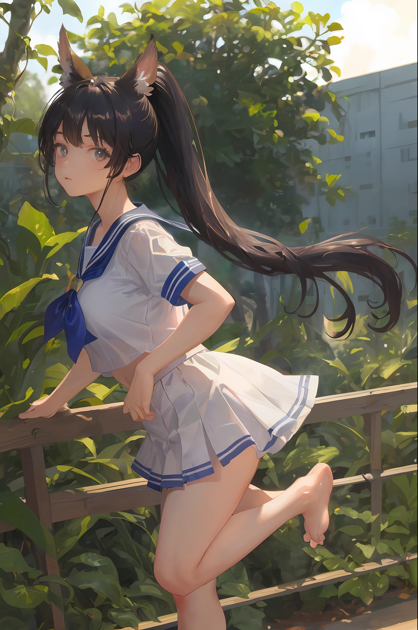 art by Cornflower, dreamy, (masterpiece, best quality, perfect anatomy, beautiful face, realistic, ultra detailed,1girl,18ears old,solo,depth of field,Canon 24mm Lens,f1.4,cute_girl,sailor_ collar, clear facial features, short sleeves, large breasts, thin stature, height 170, barefoot, double ponytail, bangs, gravure pose, outdoor, jungle, blurred background, (uwabaki: 1.1576))
