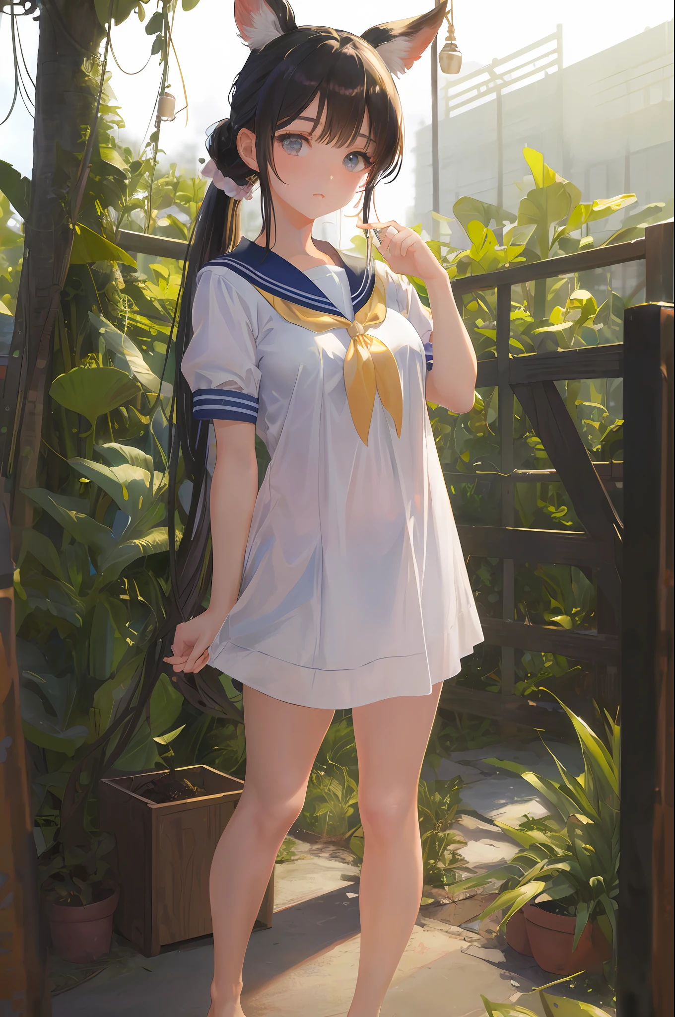 art by Cornflower, dreamy, (masterpiece, best quality, perfect anatomy, beautiful face, realistic, ultra detailed,1girl,18ears old,solo,depth of field,Canon 24mm Lens,f1.4,cute_girl,sailor_ collar, clear facial features, short sleeves, large breasts, thin stature, height 170, barefoot, double ponytail, bangs, gravure pose, outdoor, jungle, blurred background, (uwabaki: 1.1576))