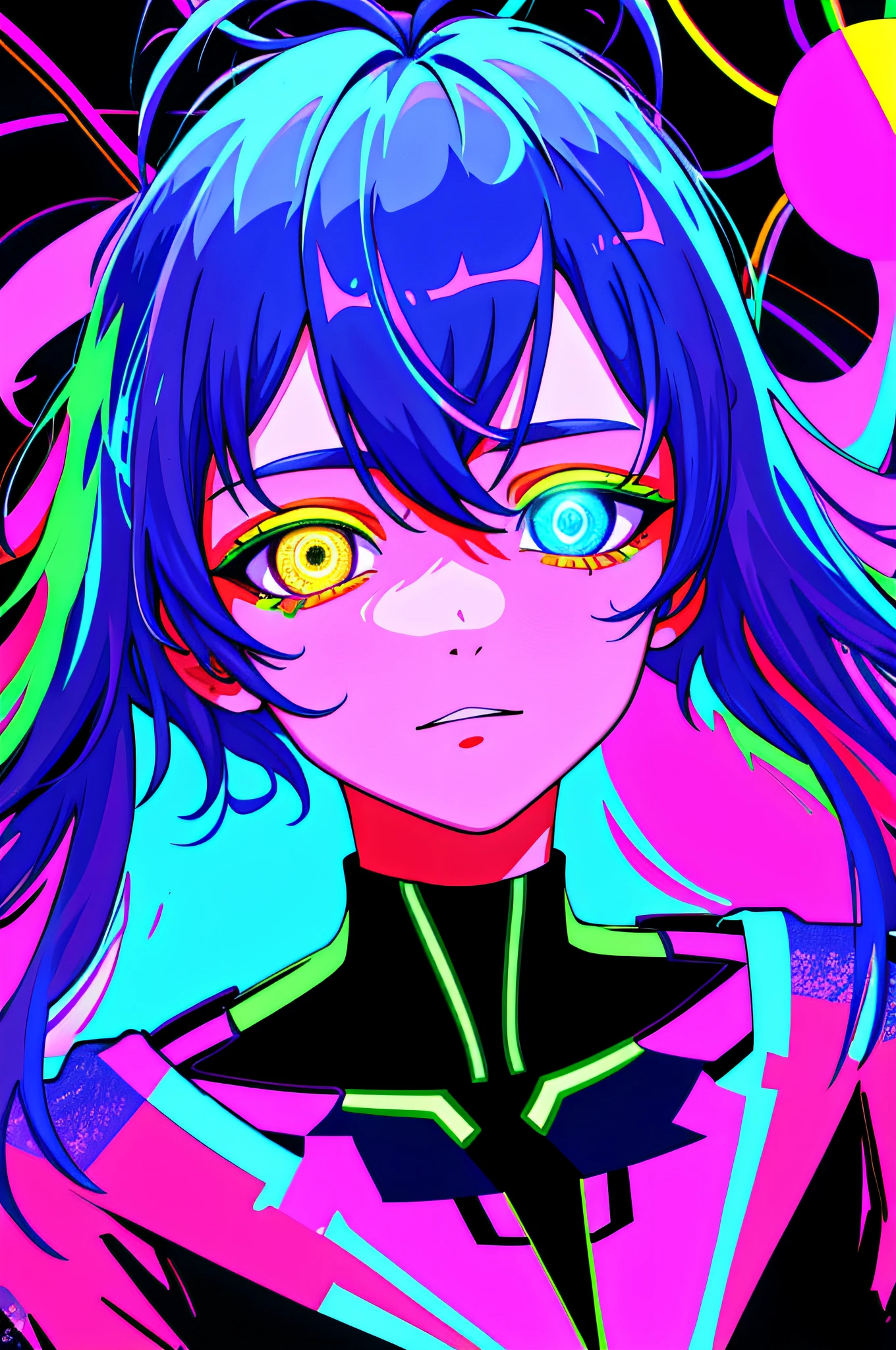 (close-up), portrait, portrait, (solo), masterpiece, best quality, clothes

high contrast, psychedelic, [[lsd]], particles, bloom, neon lighting, (glow), flat color, splashes of color, colors mashing, crazy look