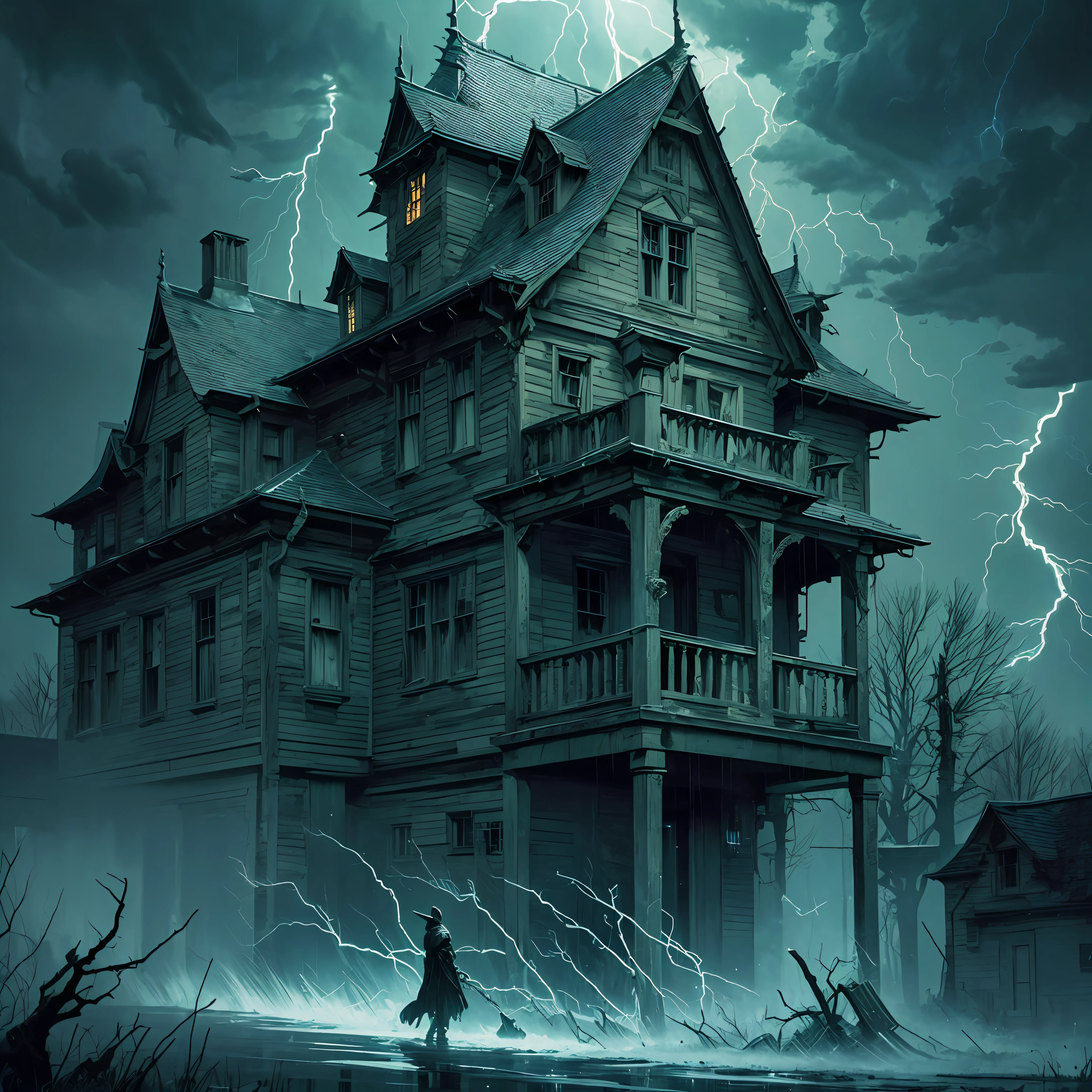 (best quality,masterpiece),high resolution horror style CG image,haunted house,raining,lightning, thunder. --auto --s2