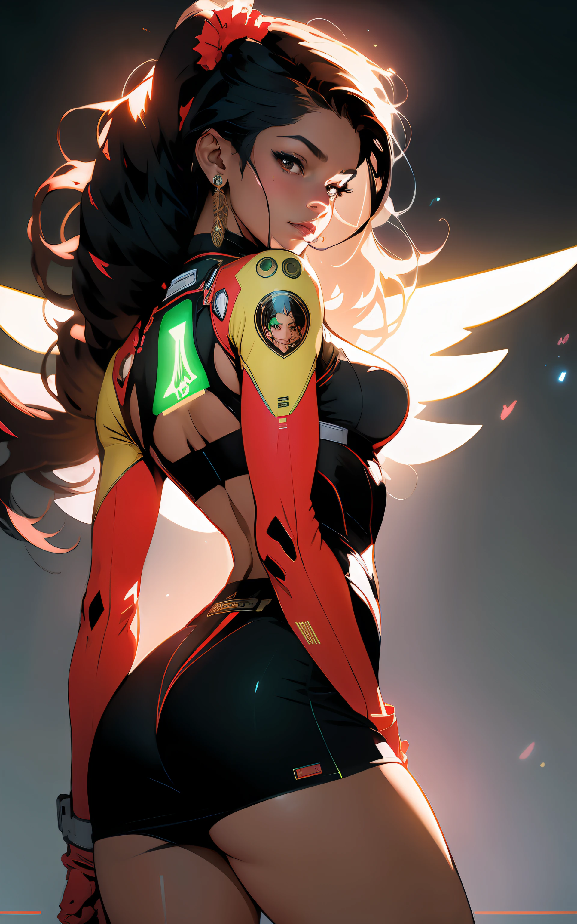 ((Best quality)), ((masterpiece)), (detailed: 1.4), (Absurd), Indian woman fighter pilot in mini skirt ready for war, back, perfect ass, dark afro skin, typical ornaments of India, typical jewelry of India, muscular sculptural body defined, half thick naked thighs, closed mouth, muscular body covered by technological clothing, Neon Genesis Evangelion style, cyberpunk, generous neckline,  ((perfect medium breasts)), (brown eyes without pupils), ((red, white and green clothing)), (((black hair fulfilled)))), (tiger stripes on arms), long eyelashes heavy makeup, mini skirt, garter belt, by mucha, niji --V5, close to real, psychopath, crazy face, sexy pose, background with a giant Gundam style robot head, 2 piece clothing, shoulder pads with airplane wings on the back,  pastel, centered, scale to fit dimensions, HDR (High Dynamic Range),Ray Tracing,NVIDIA RTX,Super-Resolution,Unreal 5,Subsurface dispersion, PBR texture, Post-processing, Anisotropic filtering, Depth of field, Maximum clarity and sharpness, Multilayer textures, Albedo and specular maps, Surface shading, Accurate simulation of light-material interaction, Perfect proportions, Octane Render, Two-tone lighting, Wide aperture,  Low ISO, White balance, Rule of thirds, 8K RAW, crysisnanosuit