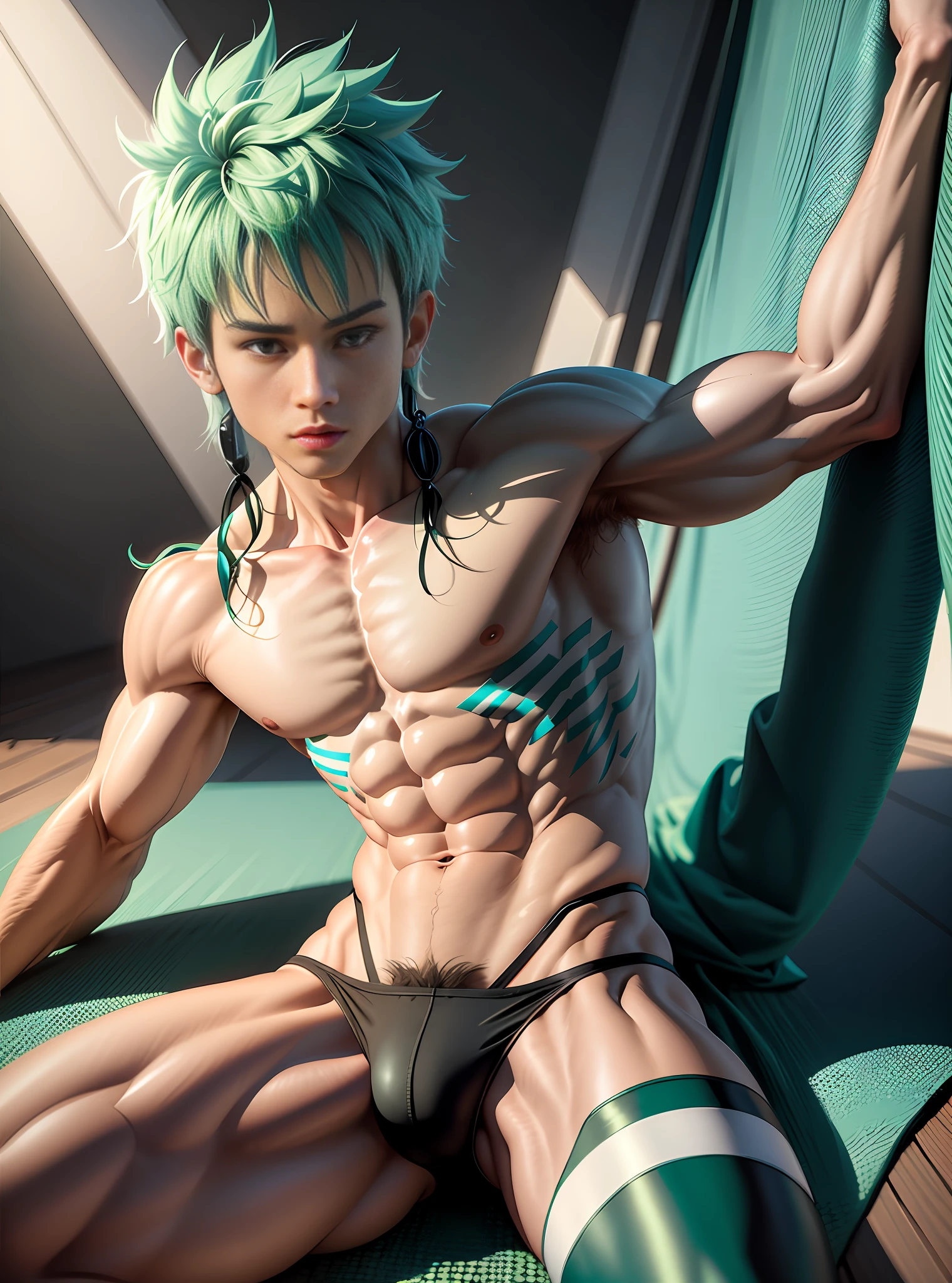 (hyper-realistic digital illustration), hires, best quality, boy wearing micro black thong, see-through black thong , front view, lying on his back, holding legs raised, athletic body, (white skin), bare chest, flat chest,(long green blue hair scruffy ), determined expression, small waist, muscular.