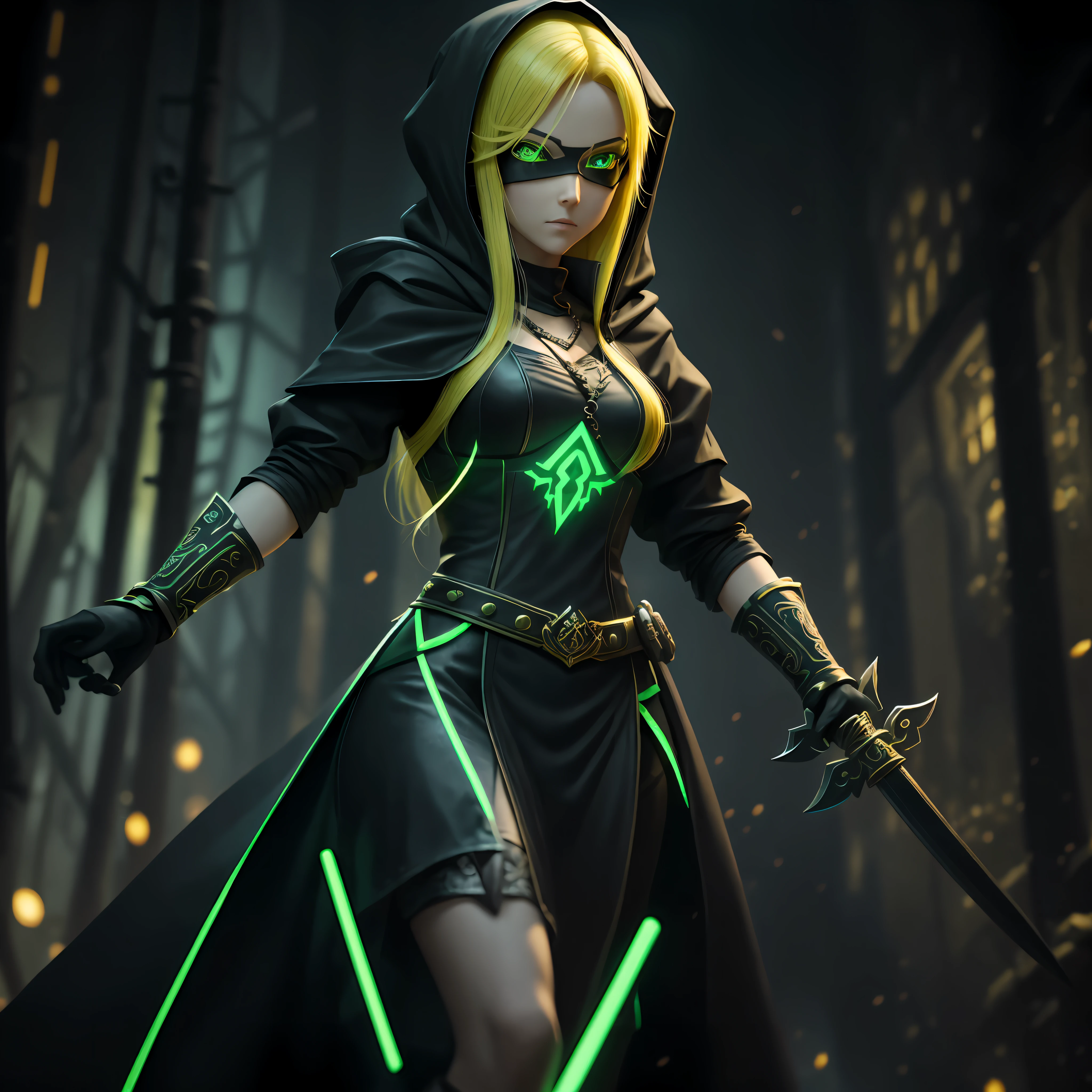 A full-body shot of Princess Zelda, yellow hair, yellow eyes, dressed as a Trudy from the matrix in black+neon green with a black mask and hood with green details, XL bust, holding a flaming Kunai attached to a chain. Background: Cybercity created in the Matrix at night. Unreal Engine 5, Anime, Anime style, Masterpiece, Well drawn eyes, well drawn face, well detailed eyes, well detailed face, 8k, light and shadow effect. --auto --s2