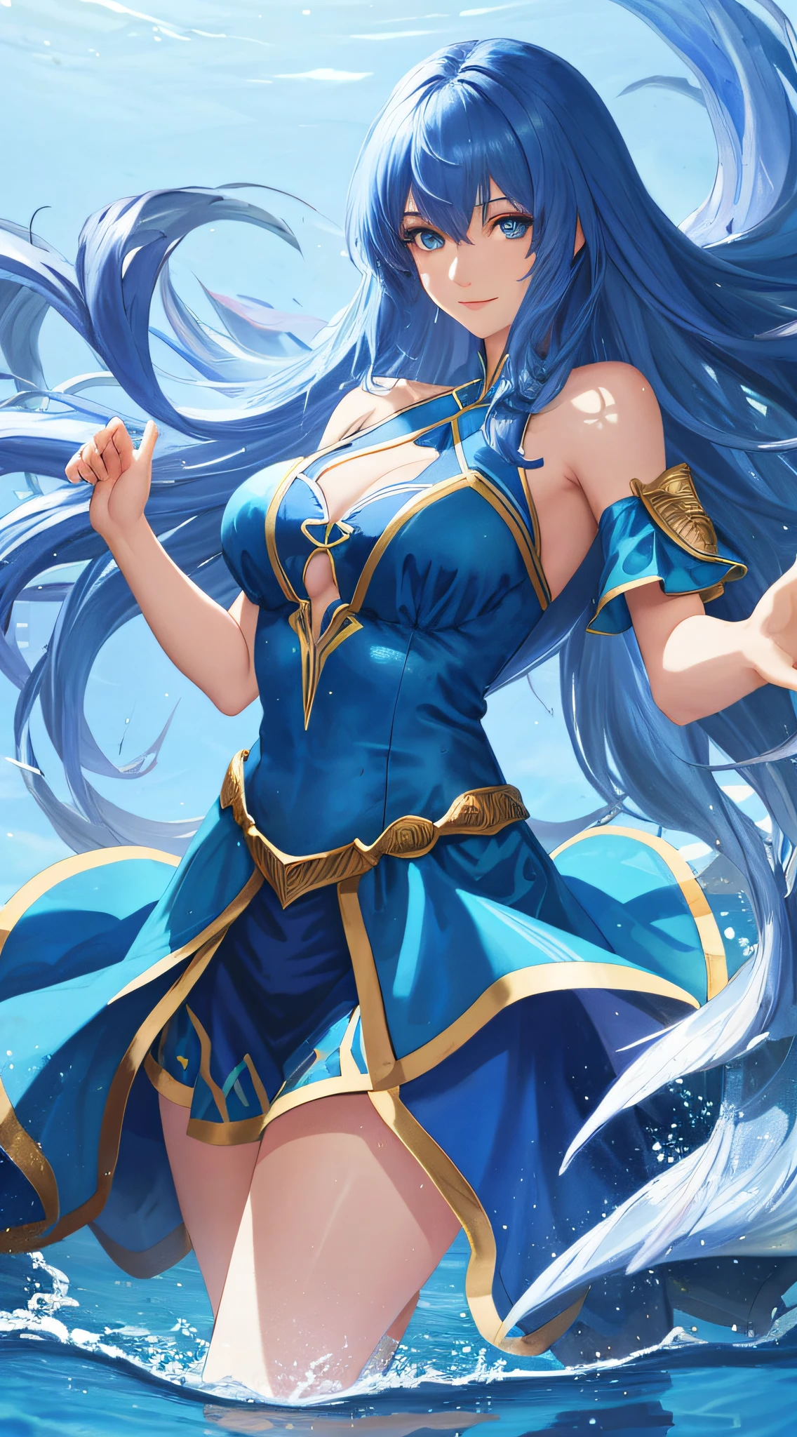 anime, 1girl, solo, large beasts, blue dress, detailed pattern, detailed clothing, bare shoulder, thighs, blue hair, shining eyes, eyes shadow, long hair, lip, water, cowboy shot, perfact female figure, standing, light smile, detailed background, water,